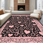 Pink Hearts Black Swirl Border Rug
