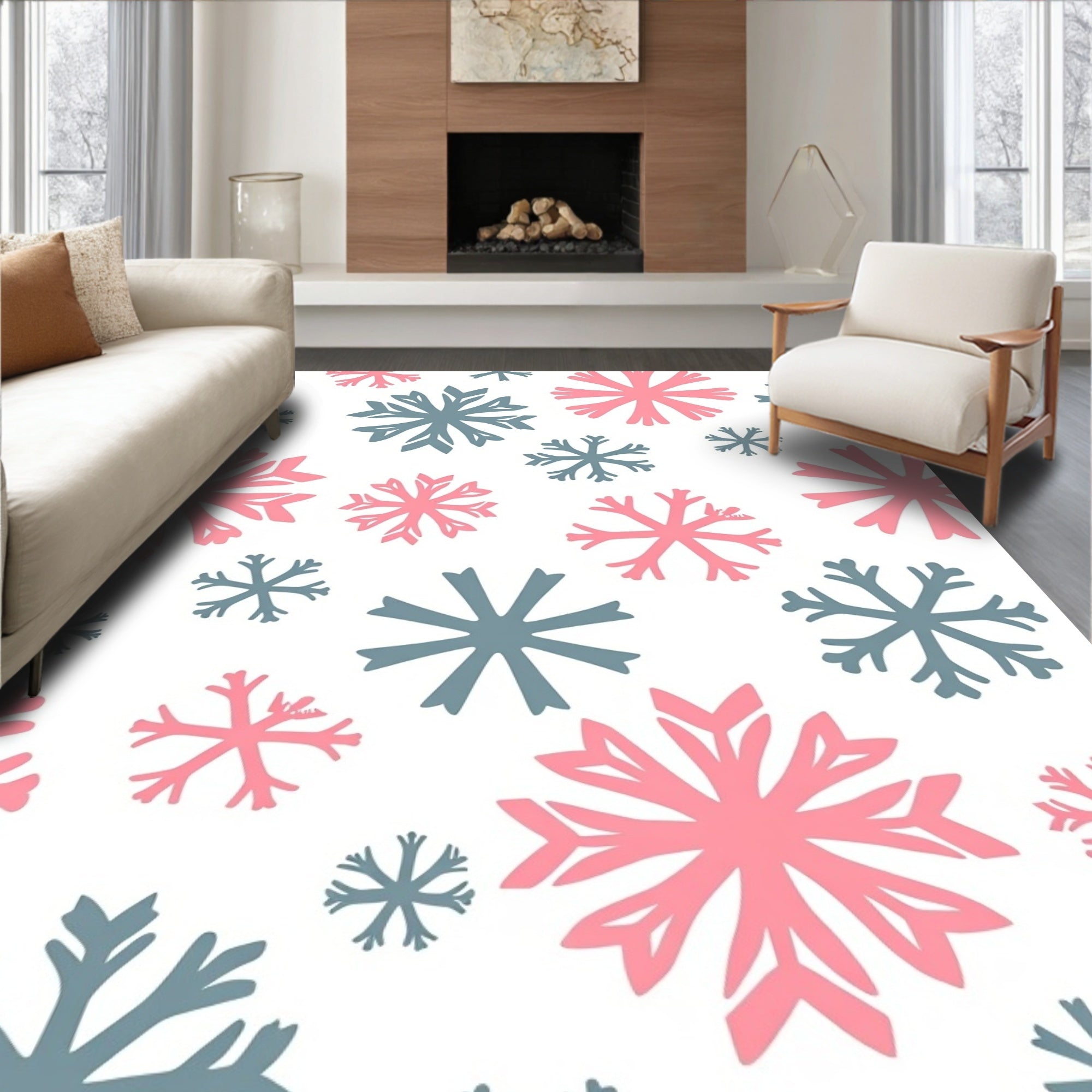Pink Gray Snowflake Repeat Seamless Rug