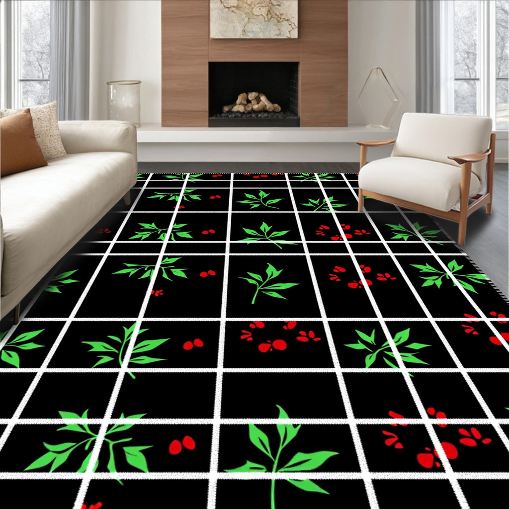 Black Grid Red Berry Green Leaf Rug