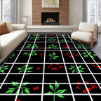 Black Grid Red Berry Green Leaf Rug