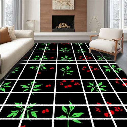 Black Grid Red Berry Green Leaf Rug