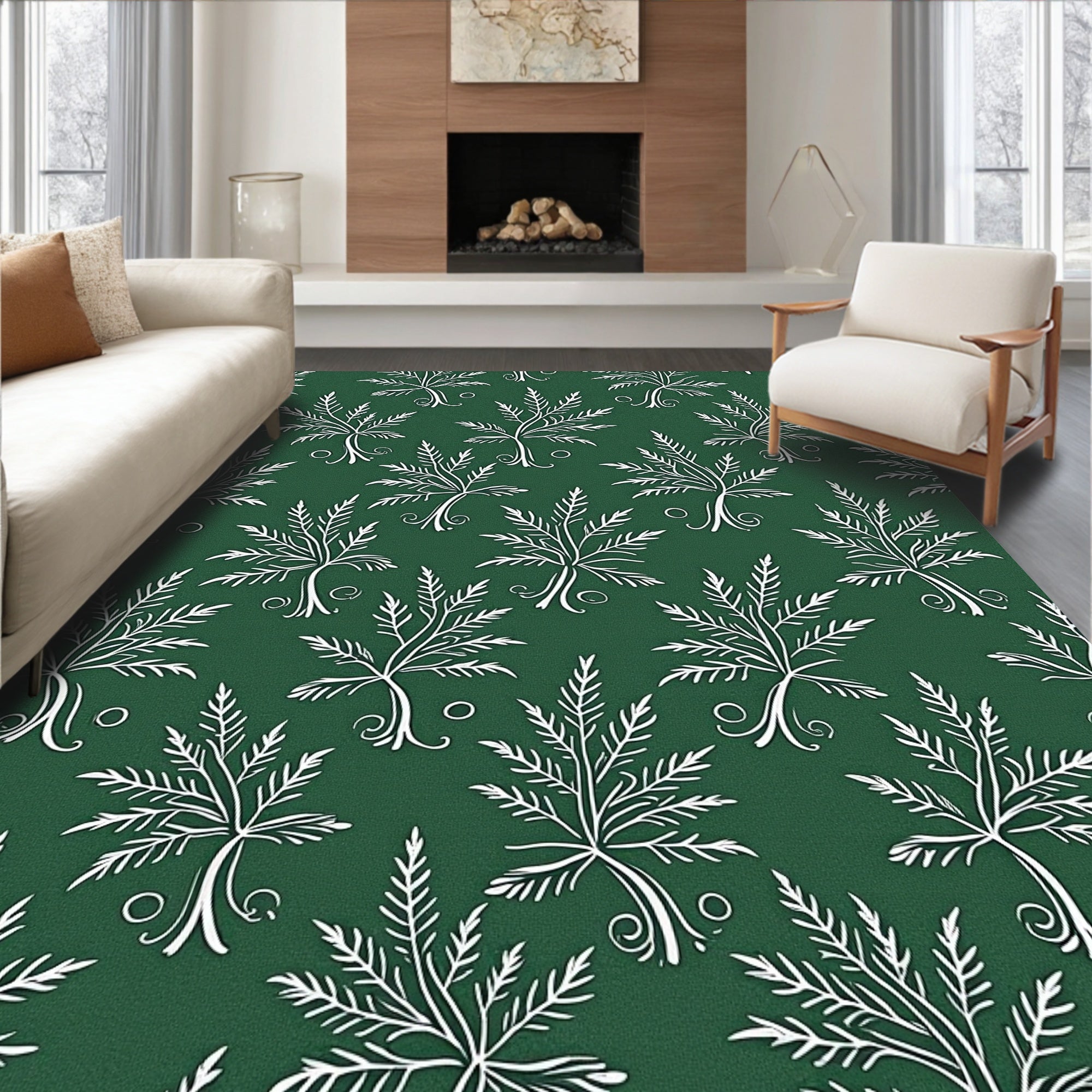 White Ferns on Deep Green Background Rug