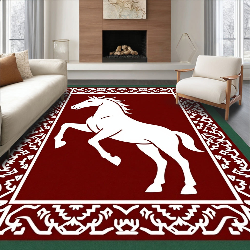 Crimson White Horse Floral Border Rug