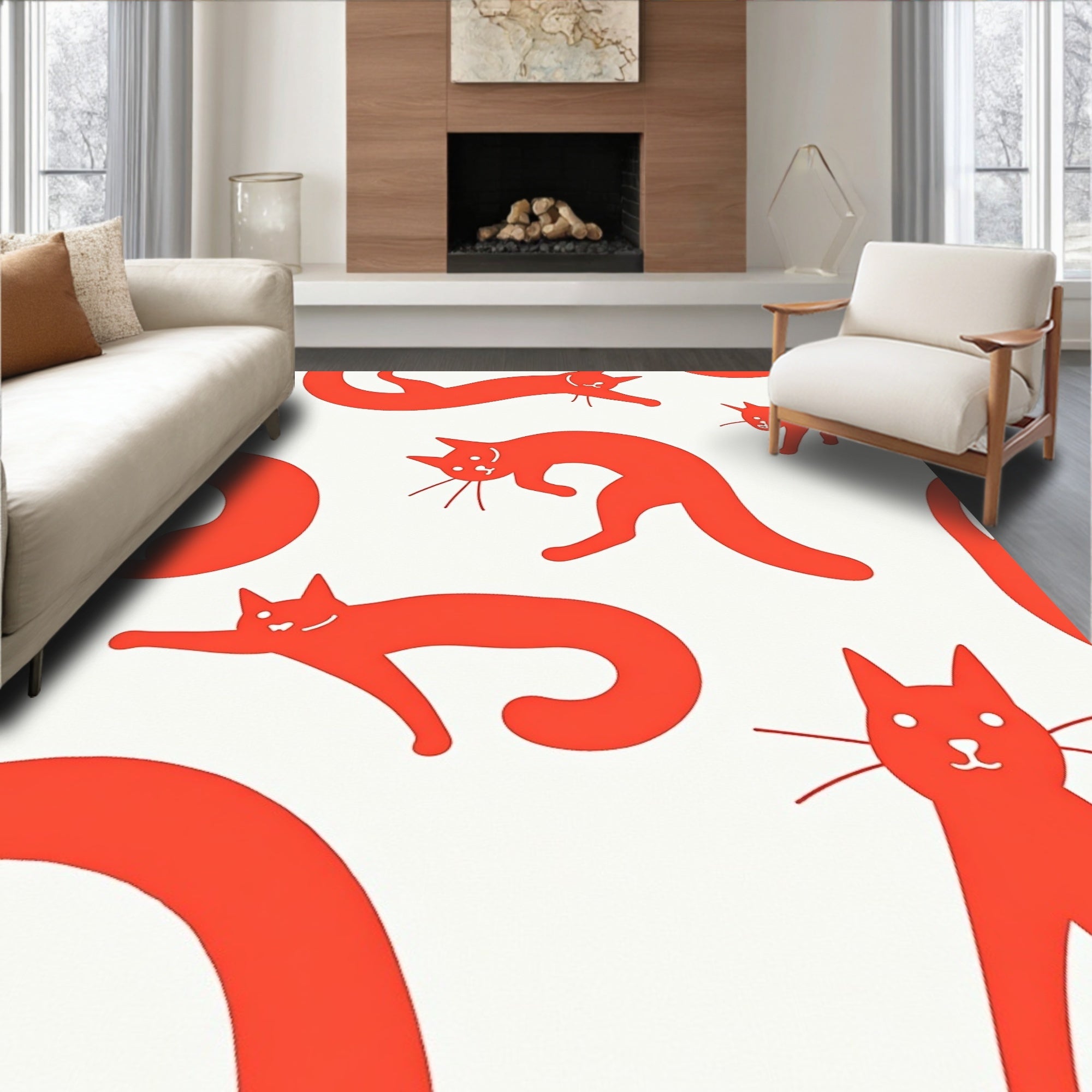 Coral Whimsical Cat Cascade Rug