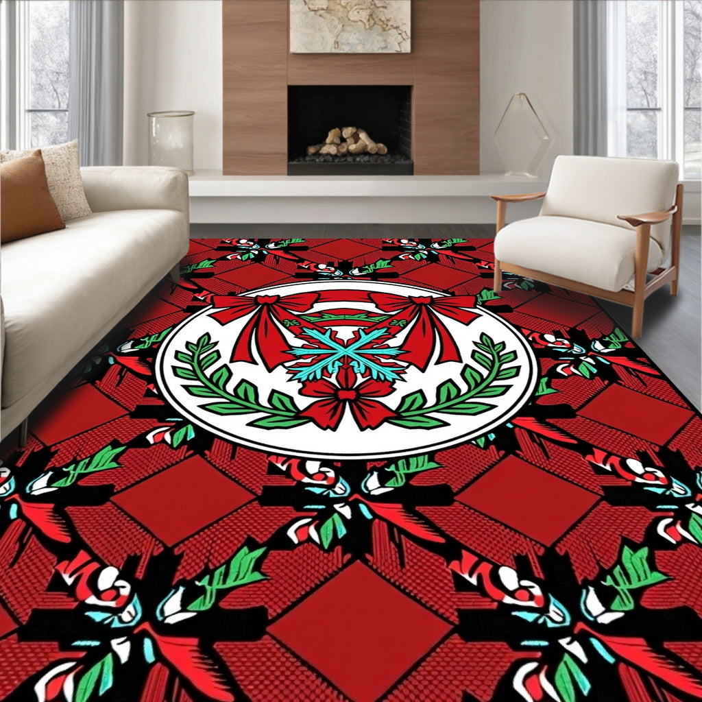Crimson Holly Wreath Bow Medallion Rug