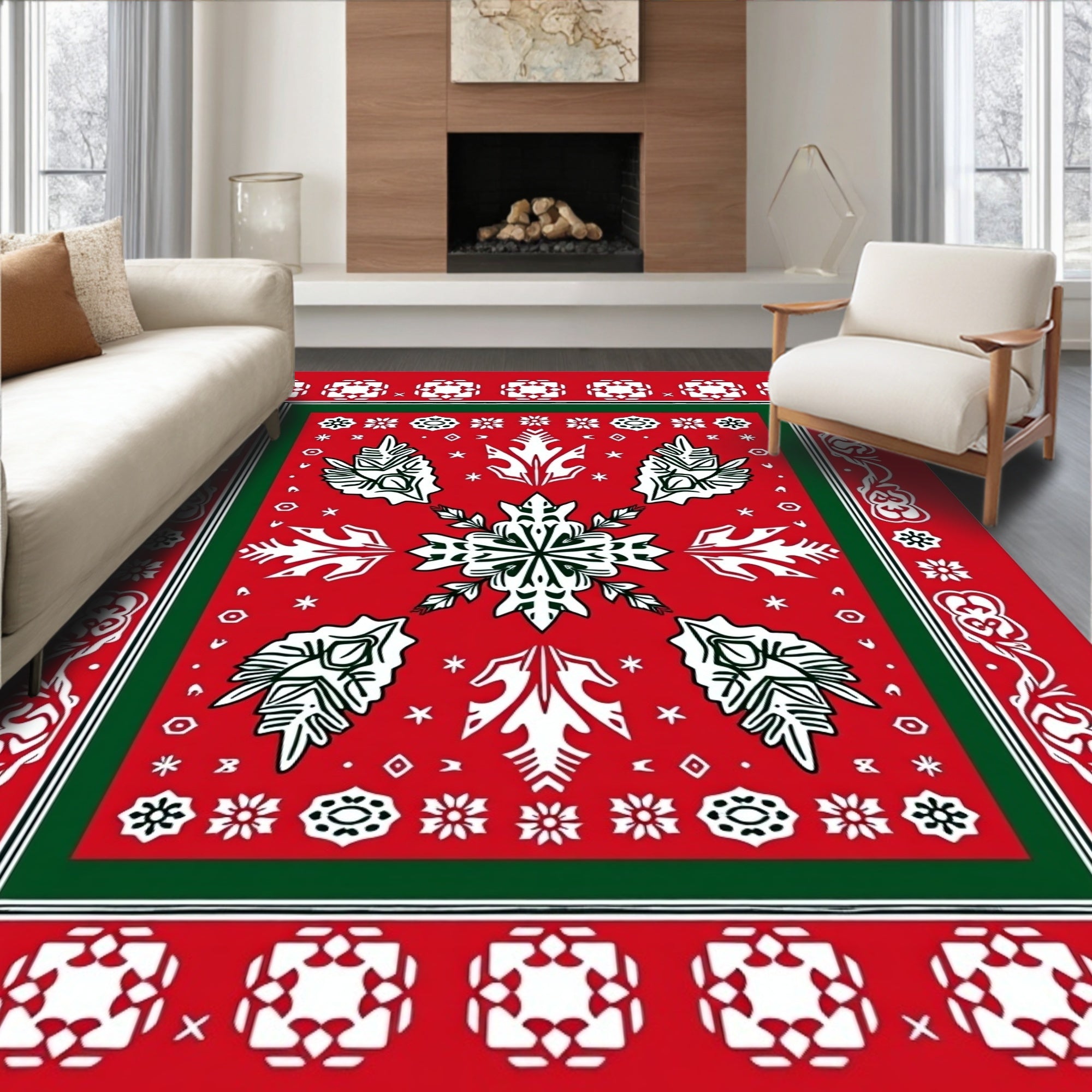 Festive Red White Green Snowflake Medallion Rug