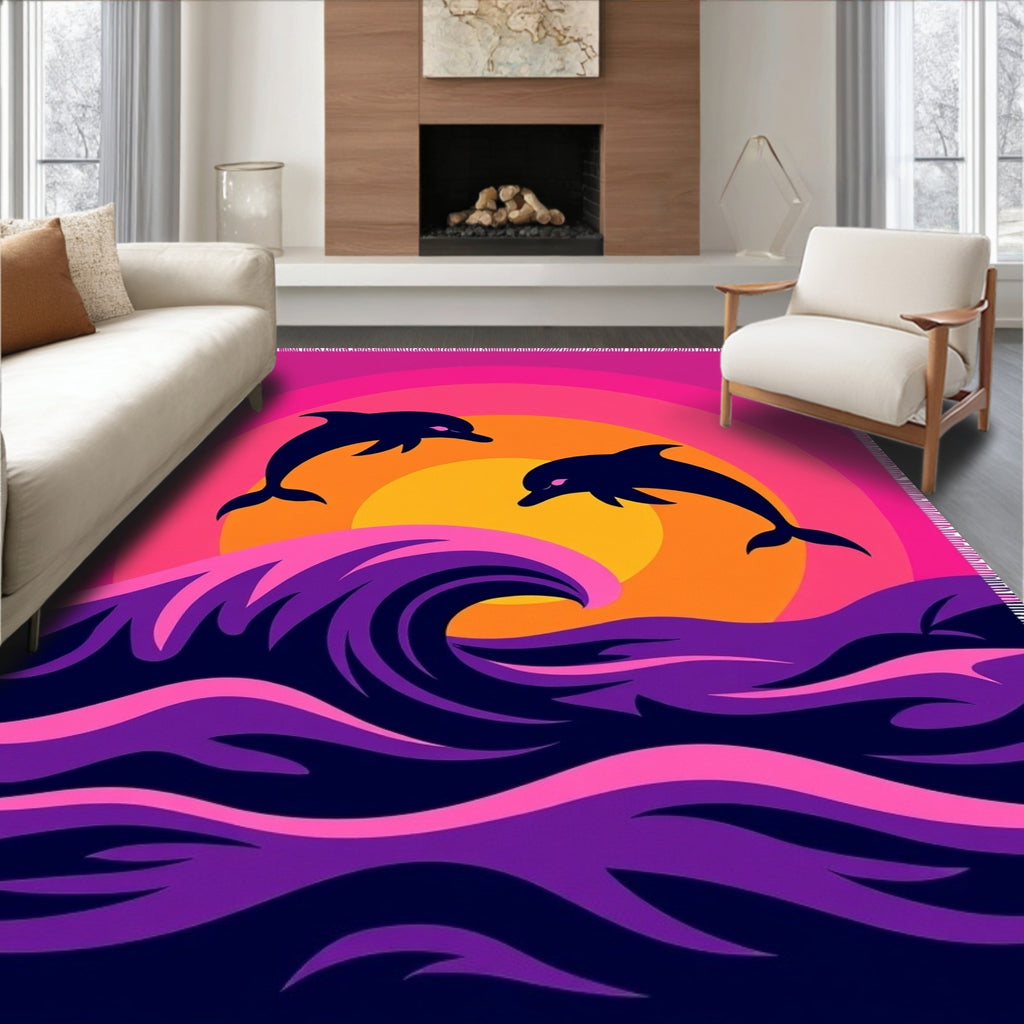 Vibrant Pink Sunset Dolphin Wave Rug