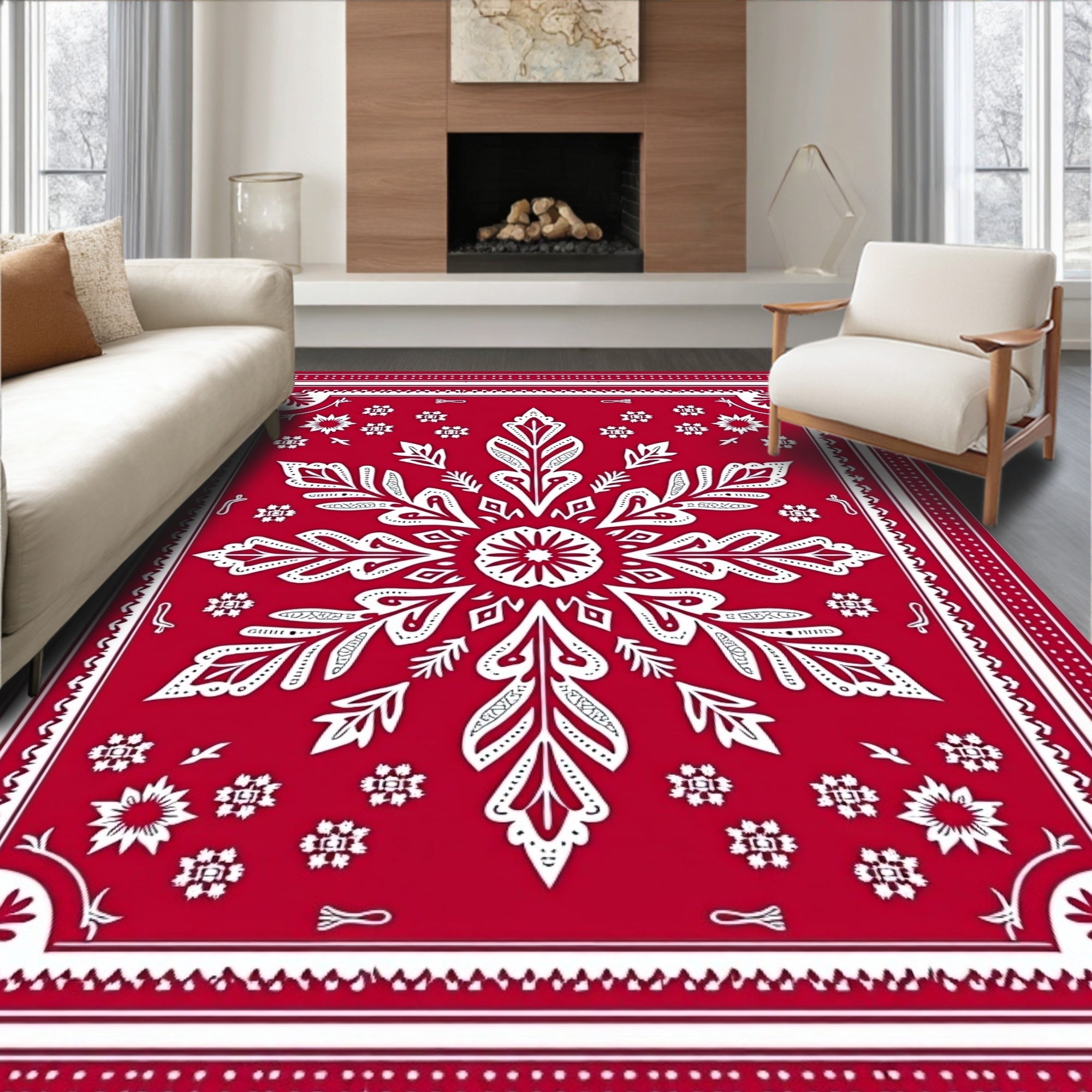 Bold Red Snowflake Medallion Rug