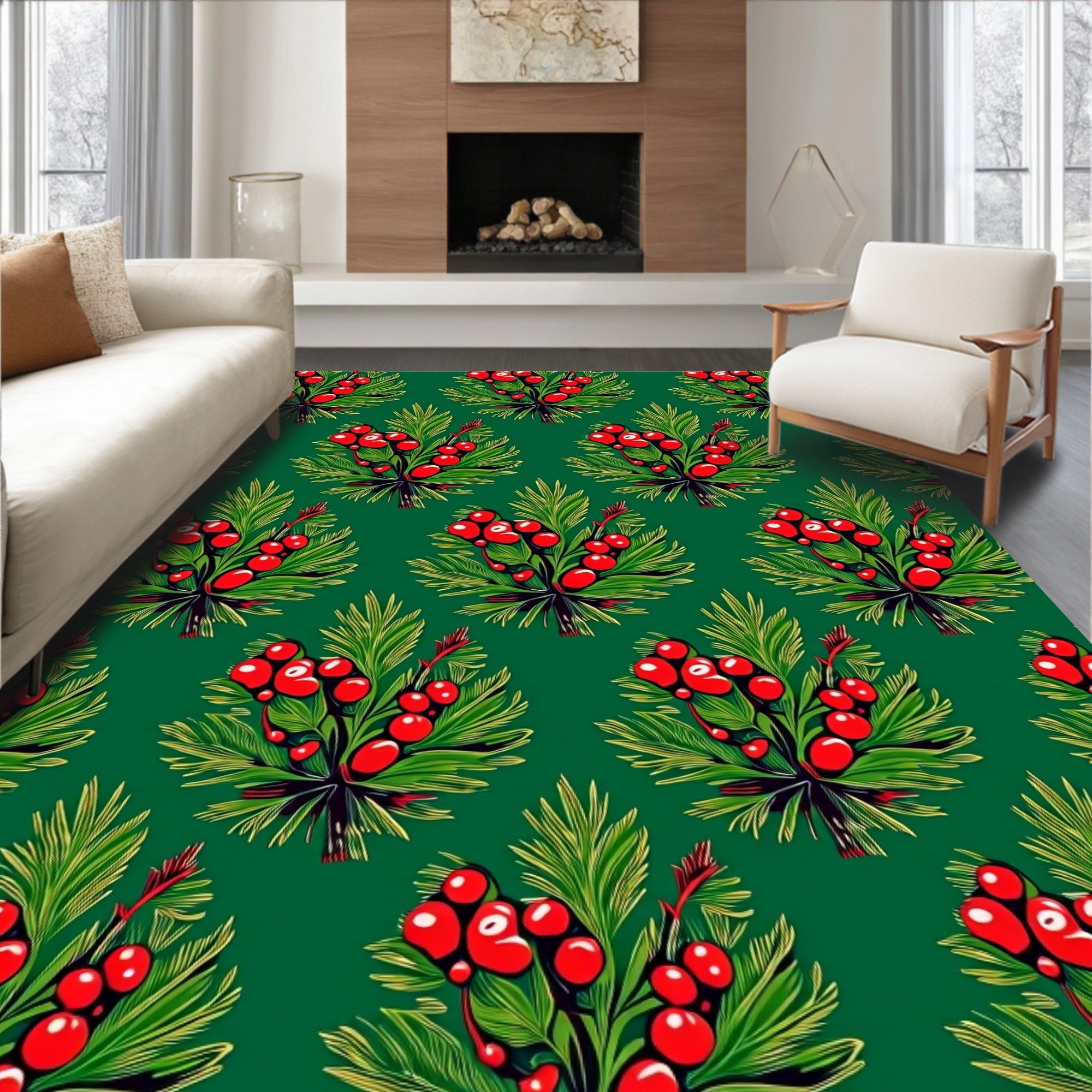 Vibrant Red Berry Pine Branches Rug
