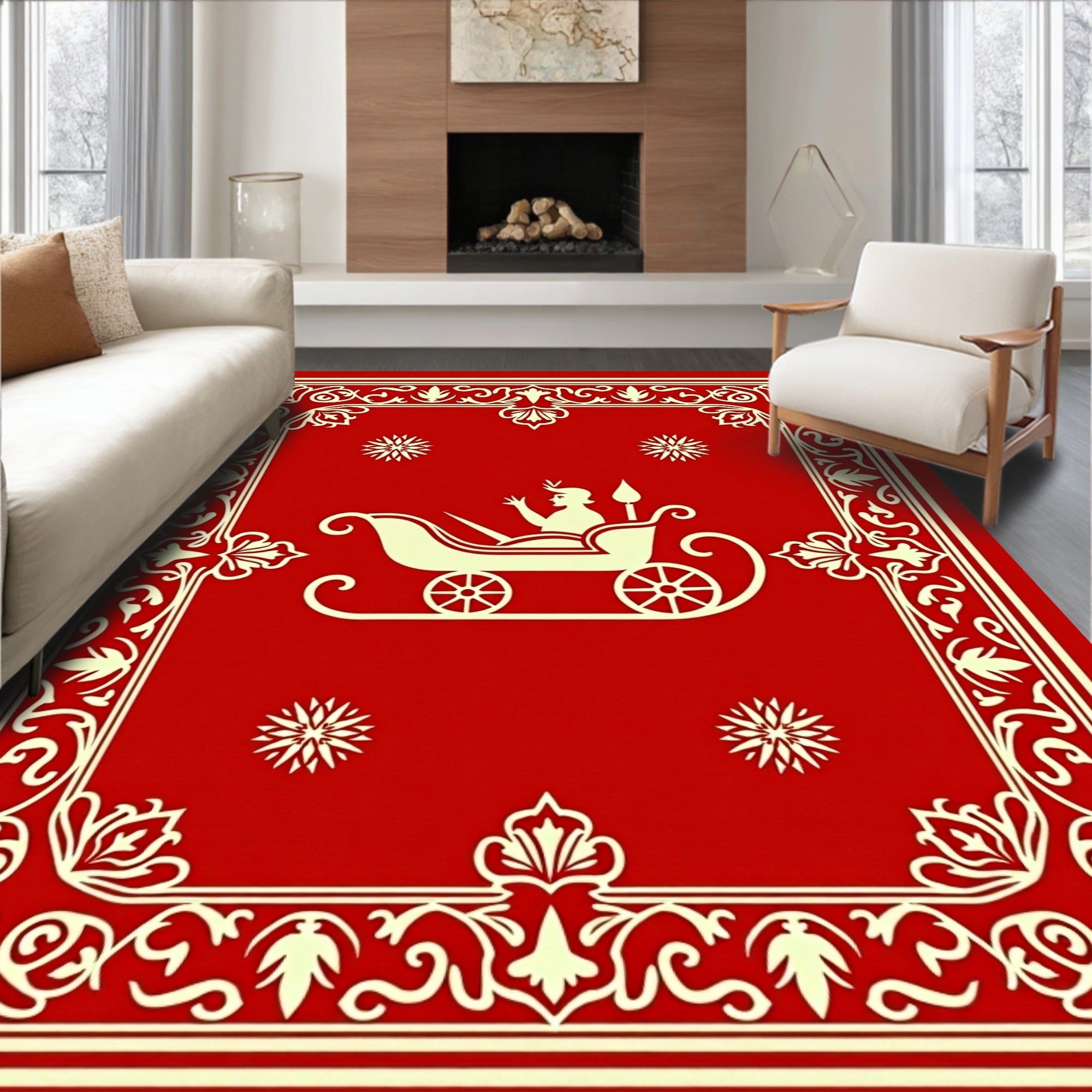 Crimson Sleigh Cavalcade Floral Border Rug