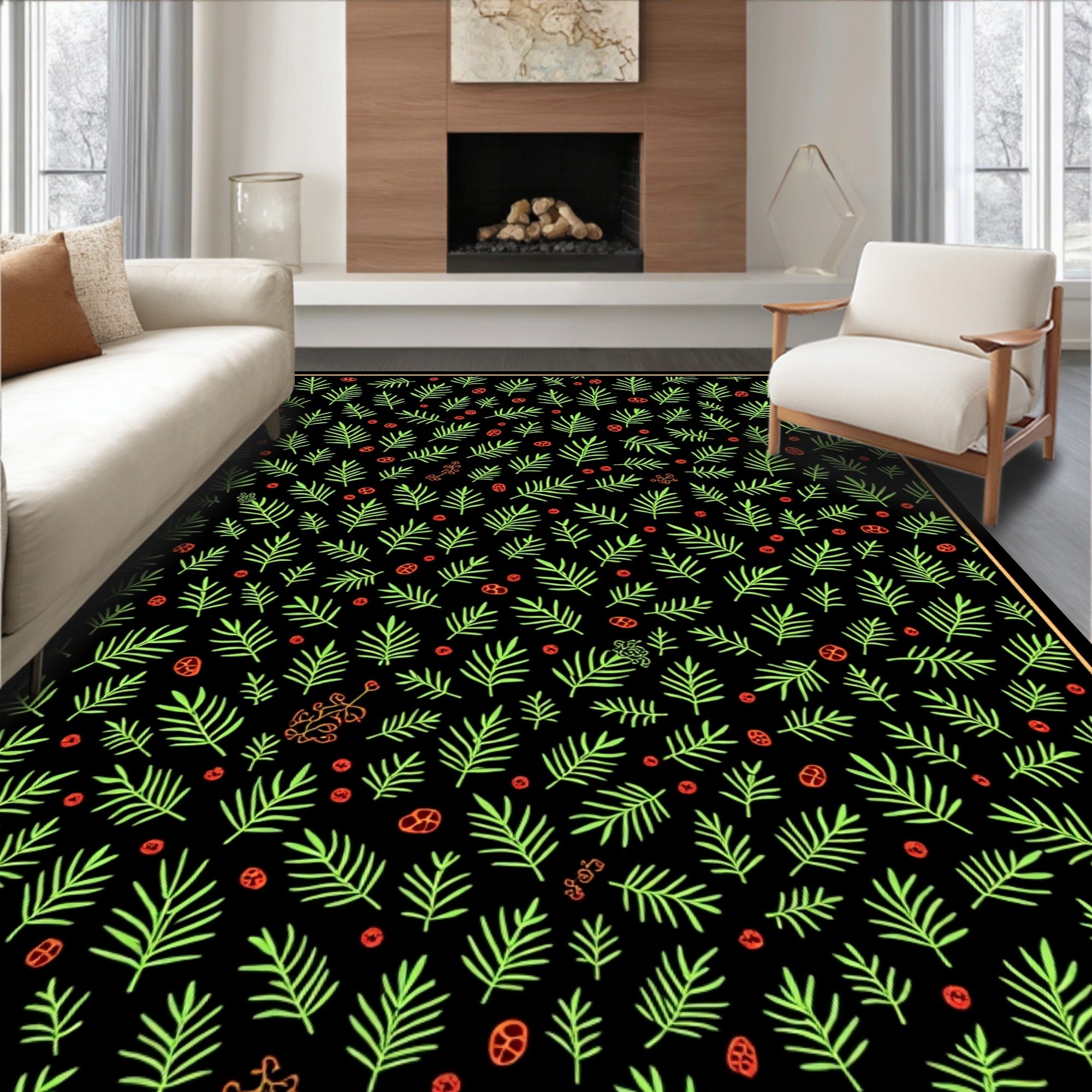 Emerald Pine Sprigs Red Orb Folk Art Rug