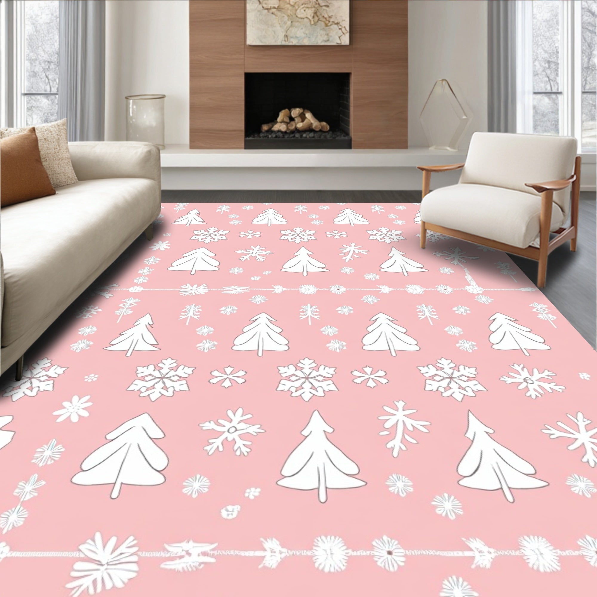 Winter White Trees Snowflakes Pink Background Rug