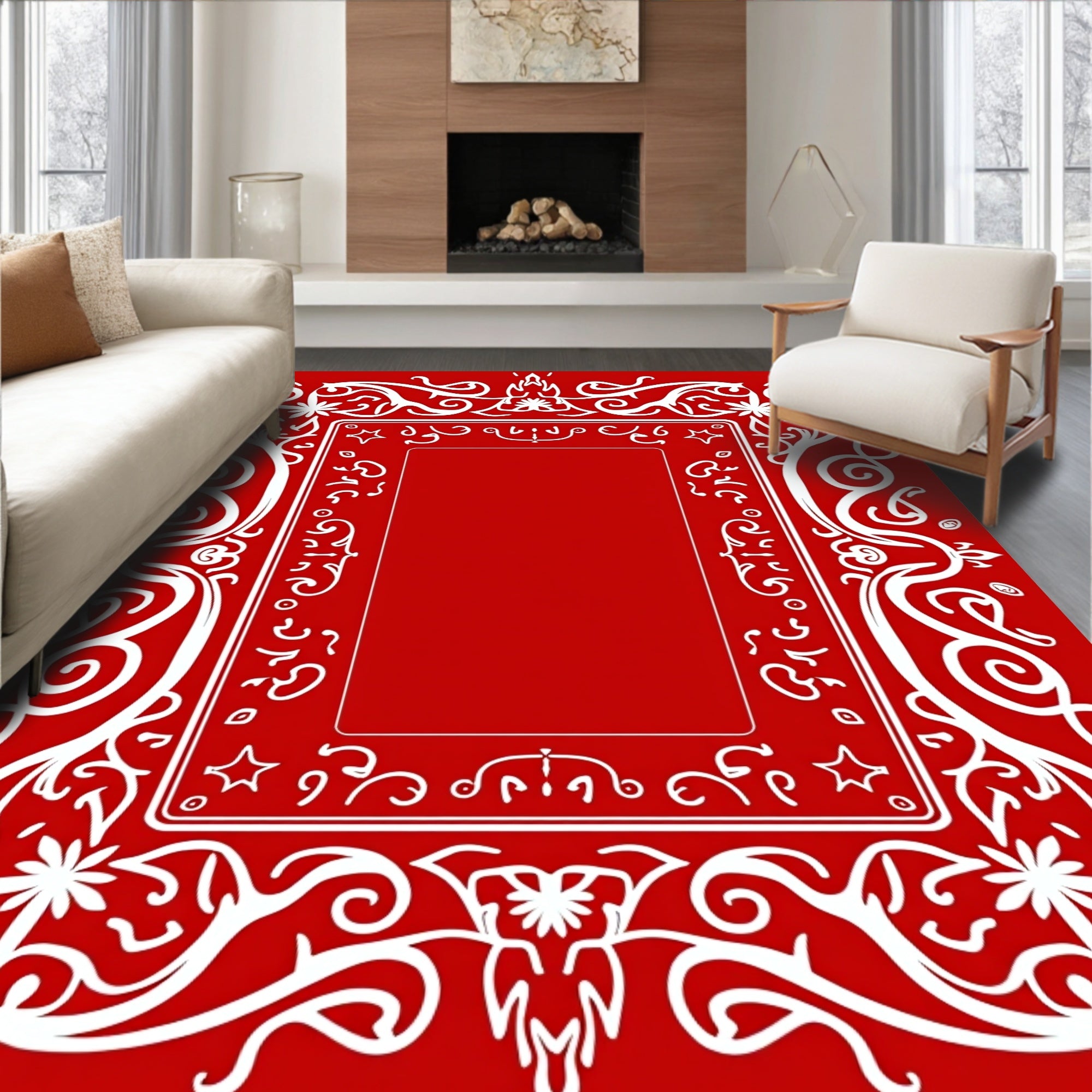 Crimson White Flourish Border Rug