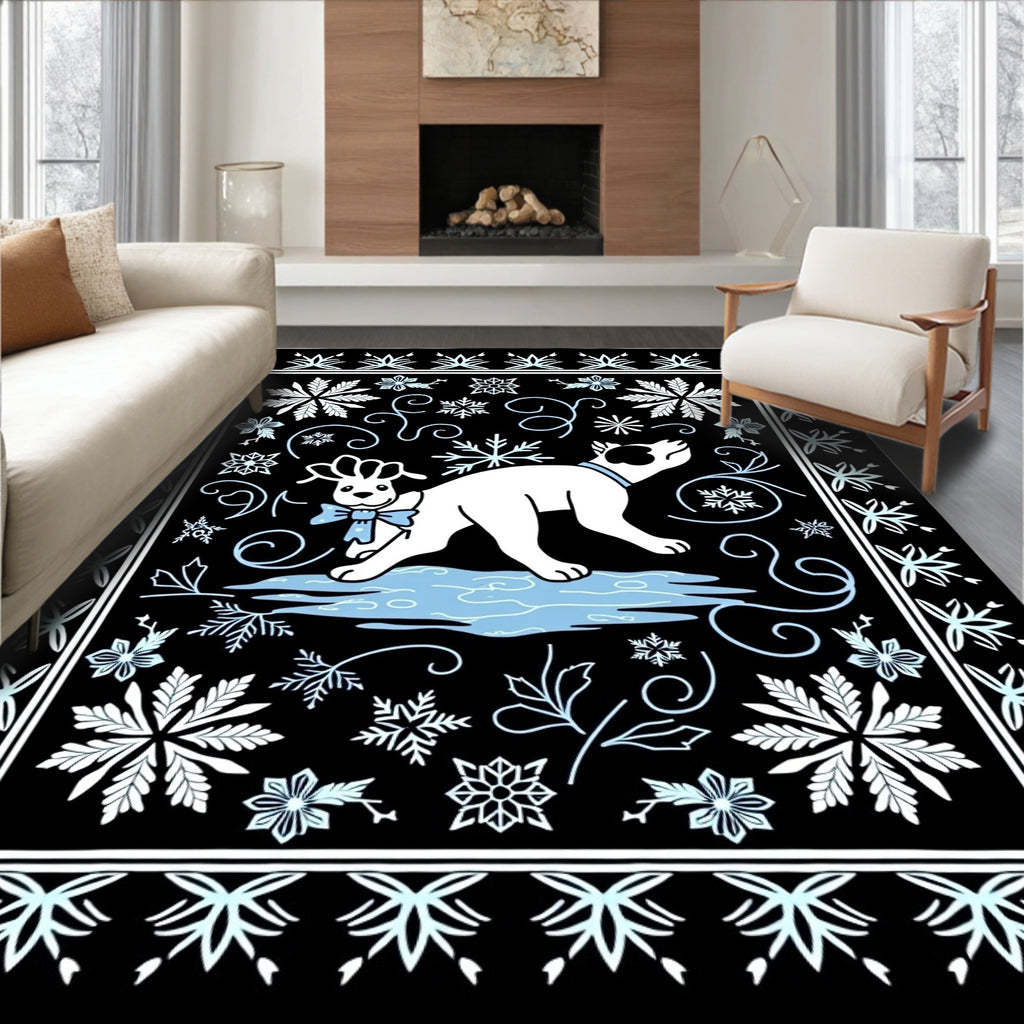 Winter Dog With Snowflake Border Rug