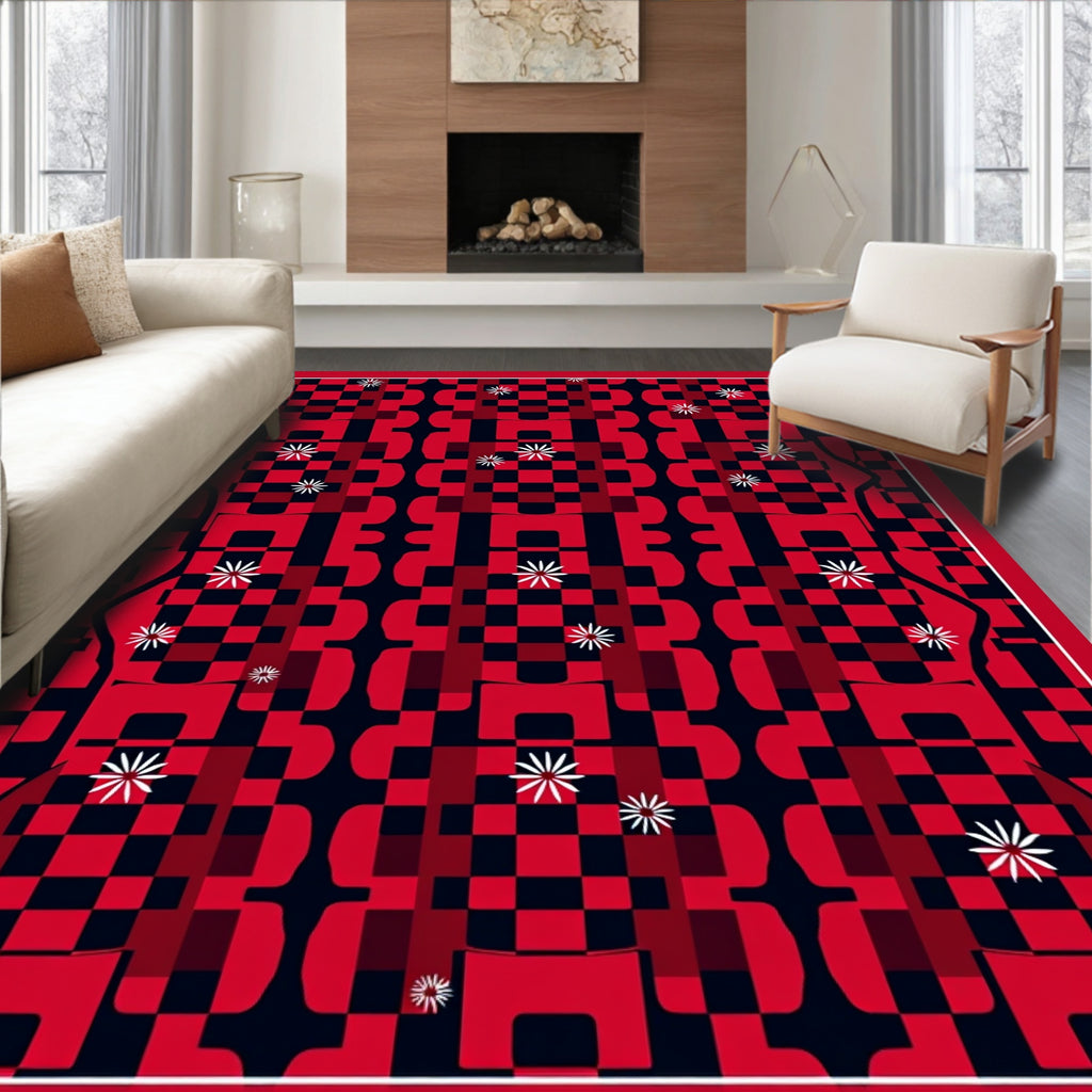 Bold Red Checkerboard Star Burst Rug