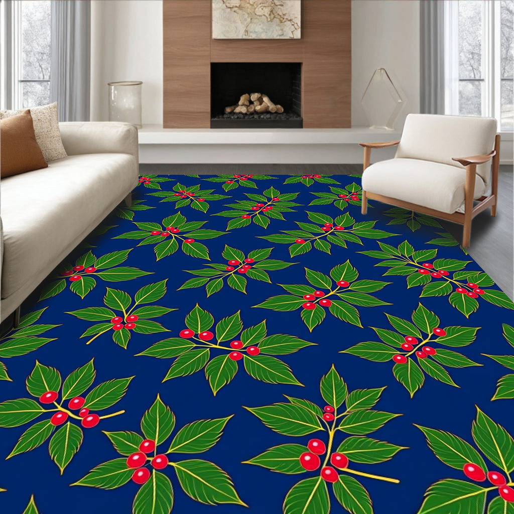 Green Holly Berry Branches Dark Blue Rug