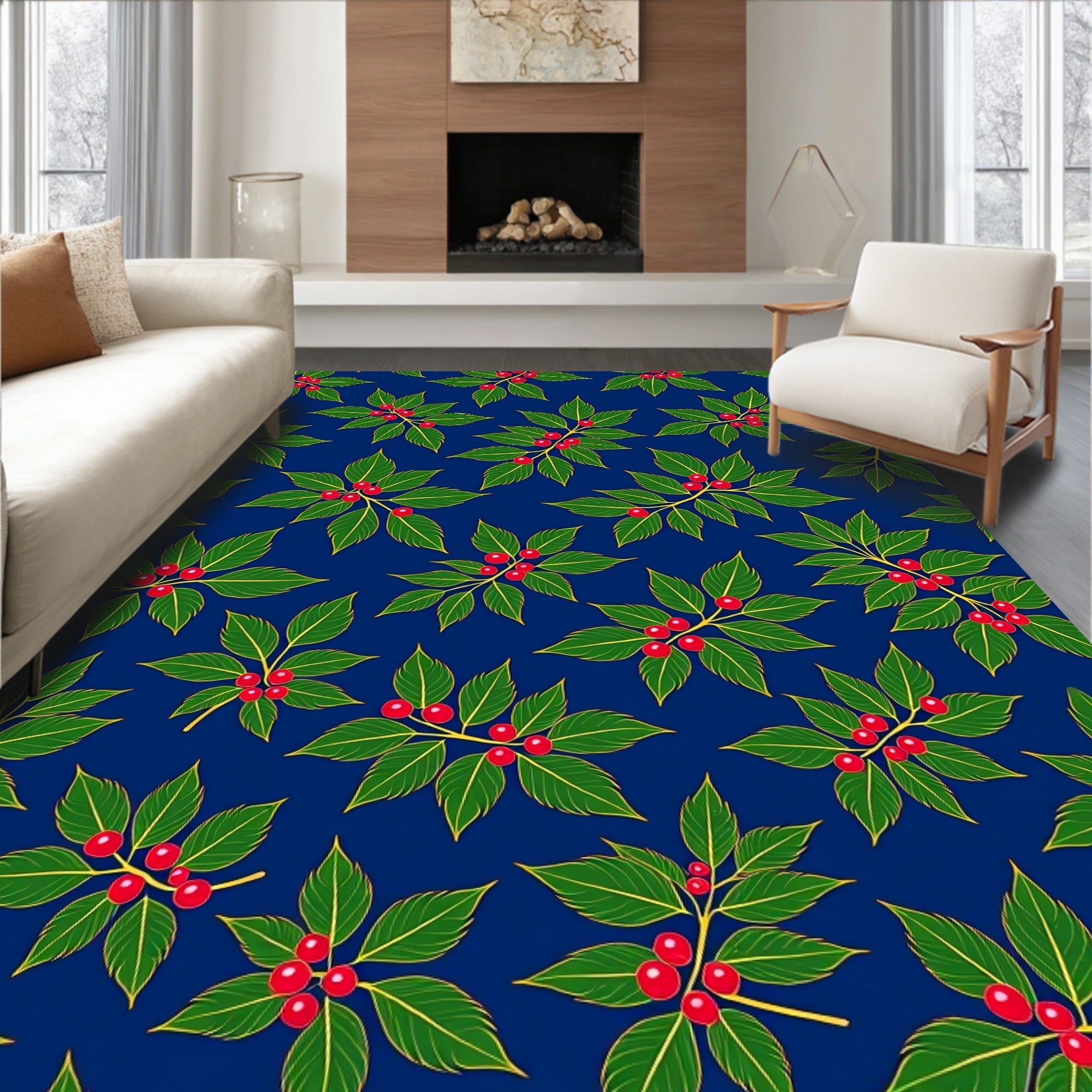 Green Holly Berry Branches Dark Blue Rug