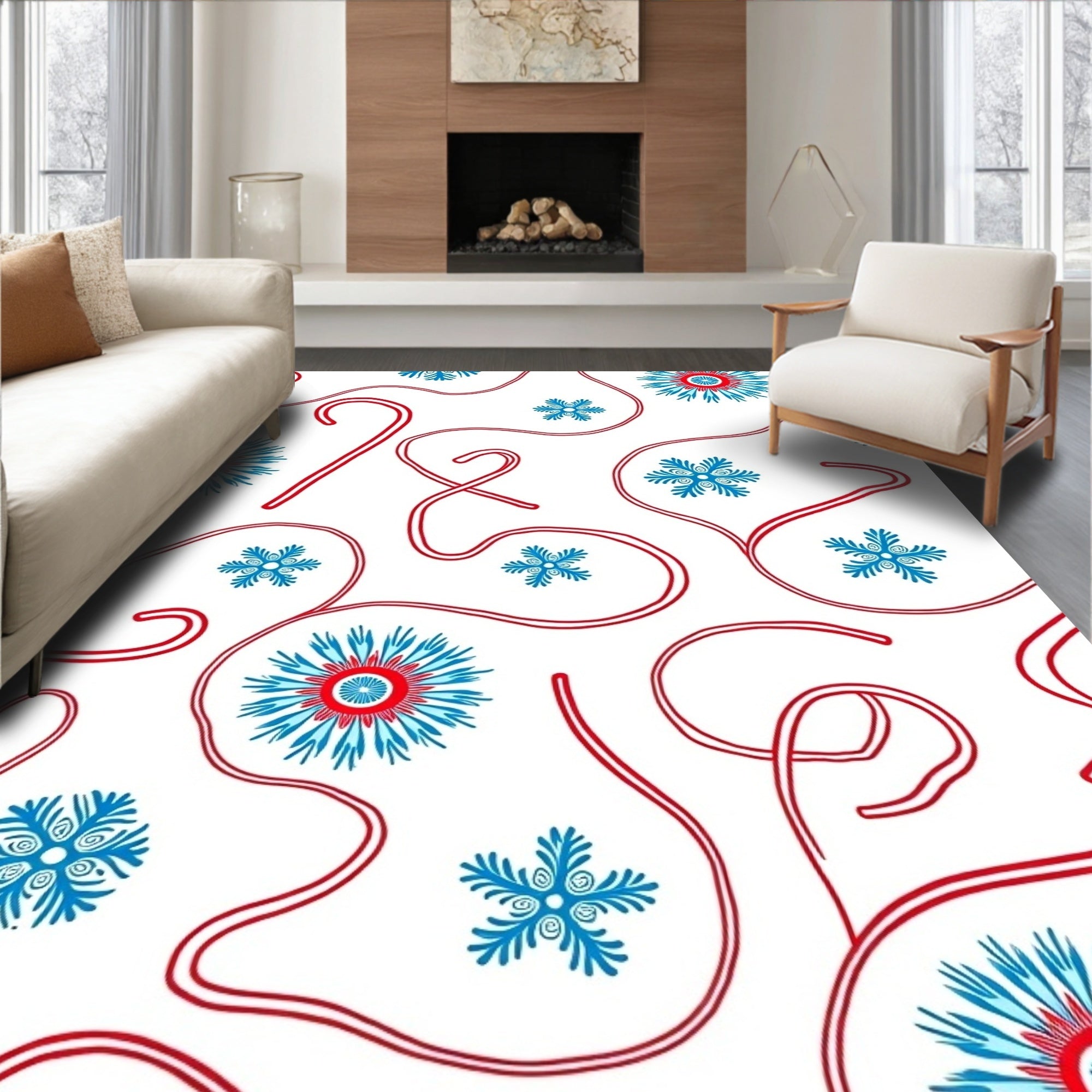 Crimson Candy Cane Snowflake Whimsy Rug