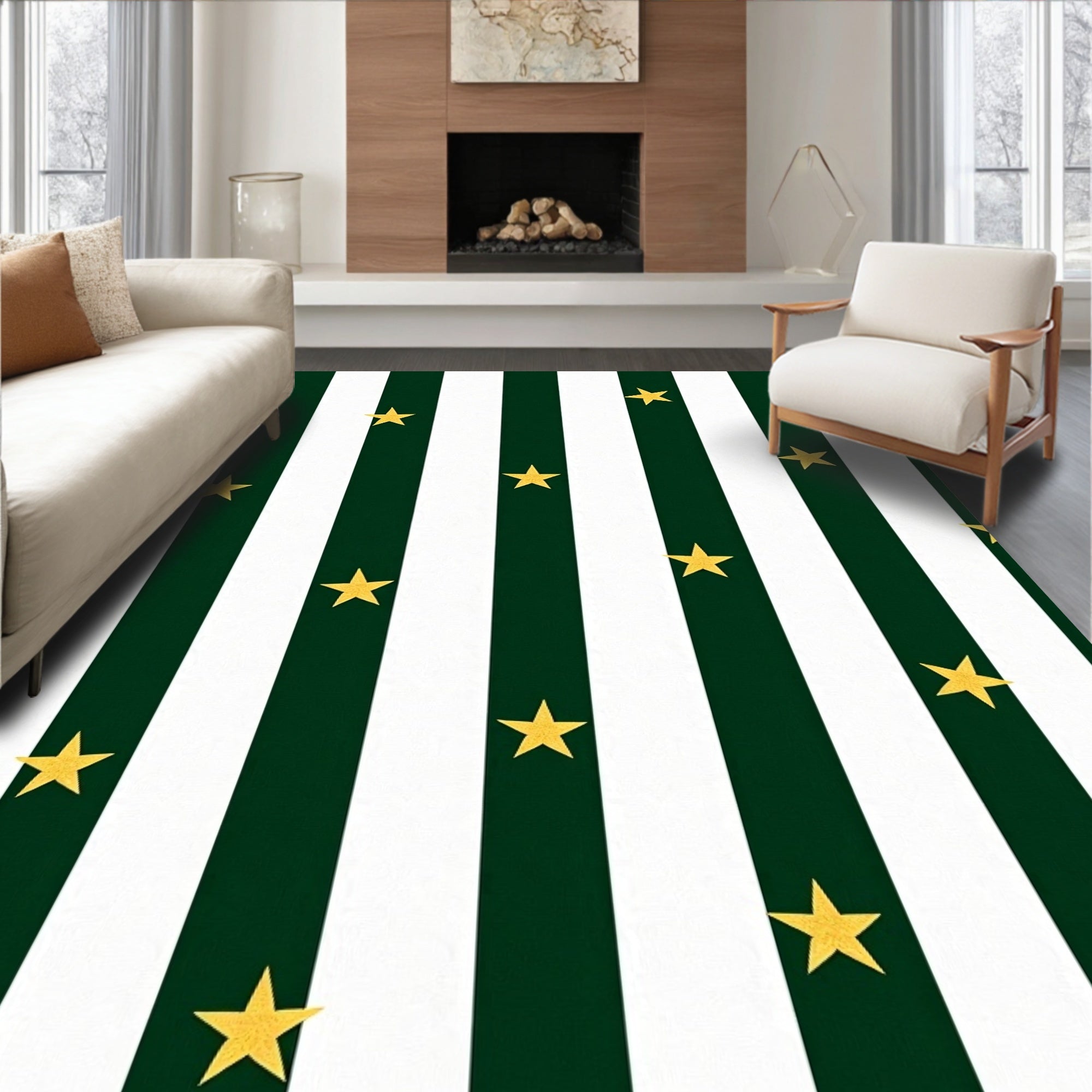 Green White Stripe Gold Star Rug
