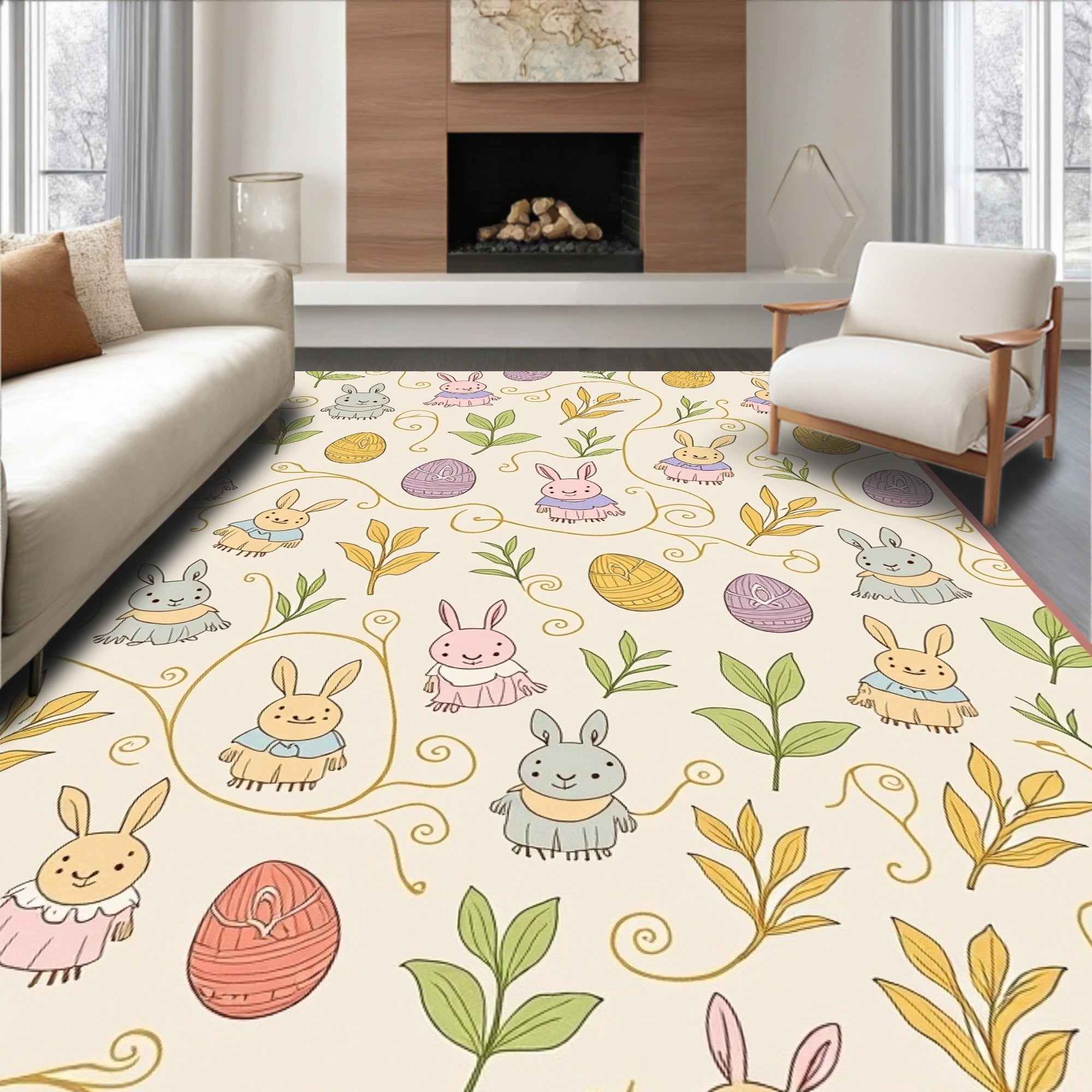 Whimsical Bunny Floral Easter Eggs Rug
