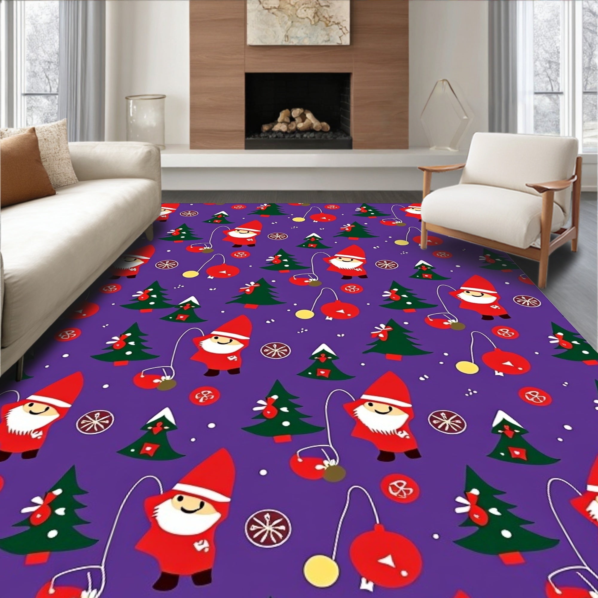Cute Red Gnomes Christmas Trees Balls Rug