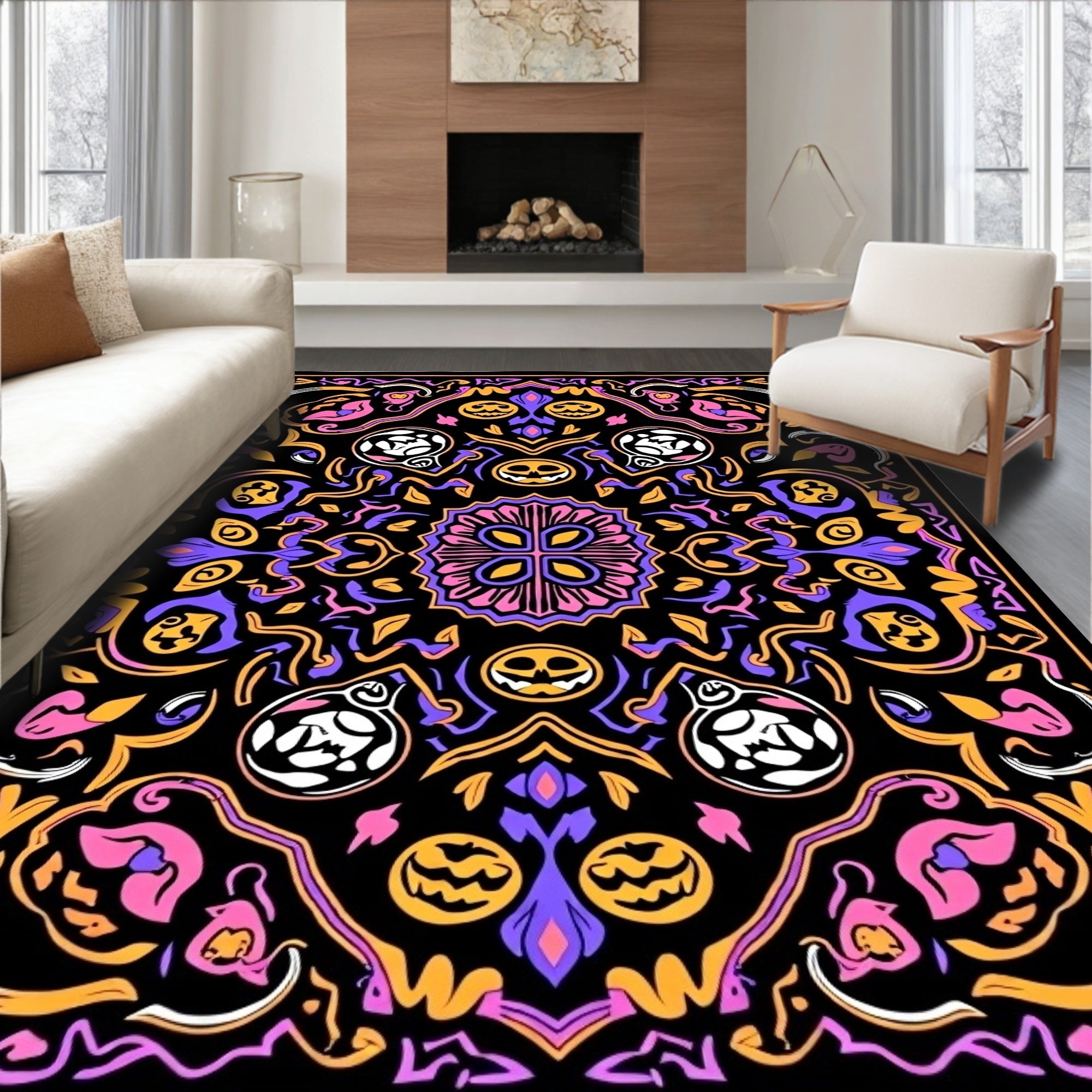 Spooky Skulls Pumpkin Mandala Medallion Rug