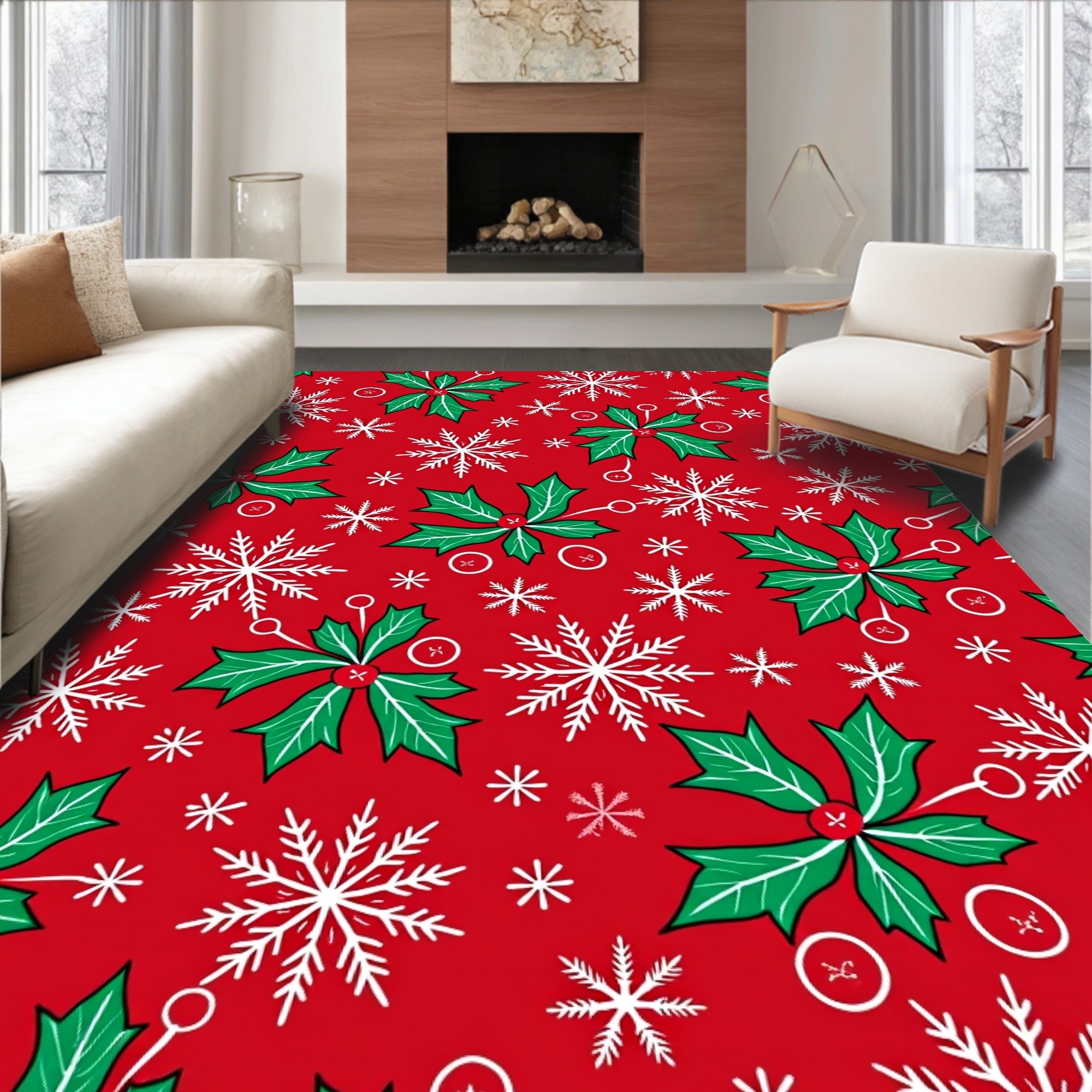 Red Holly Snowflake Christmas Celebration Rug