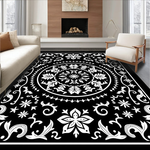 Black White Floral Mandala Rug