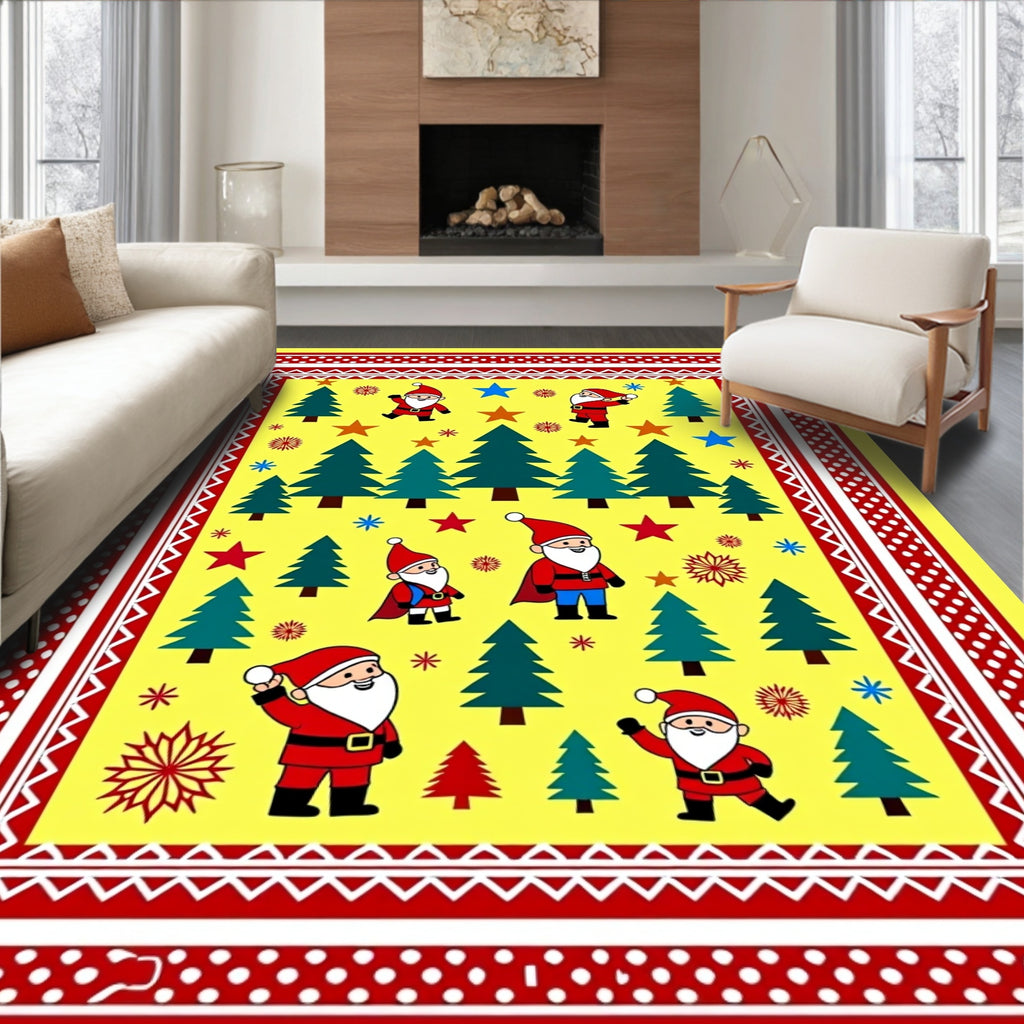 Festive Yellow Santa Claus Trees Stars Rug