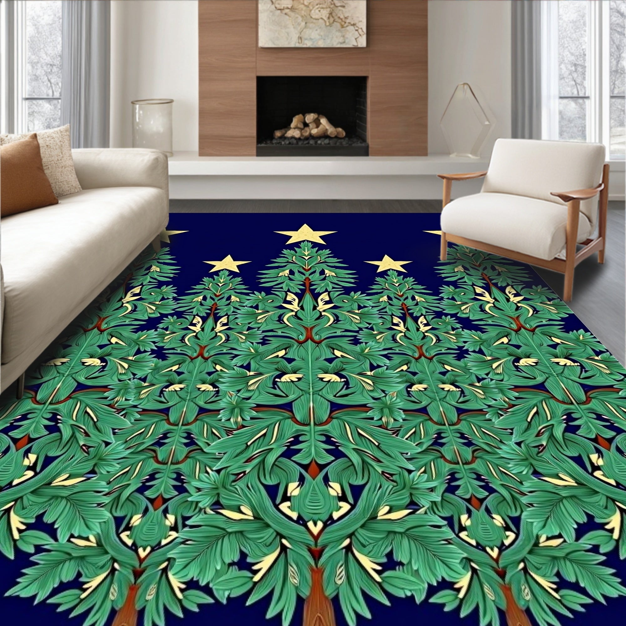 Green Starry Forest Trees Rug