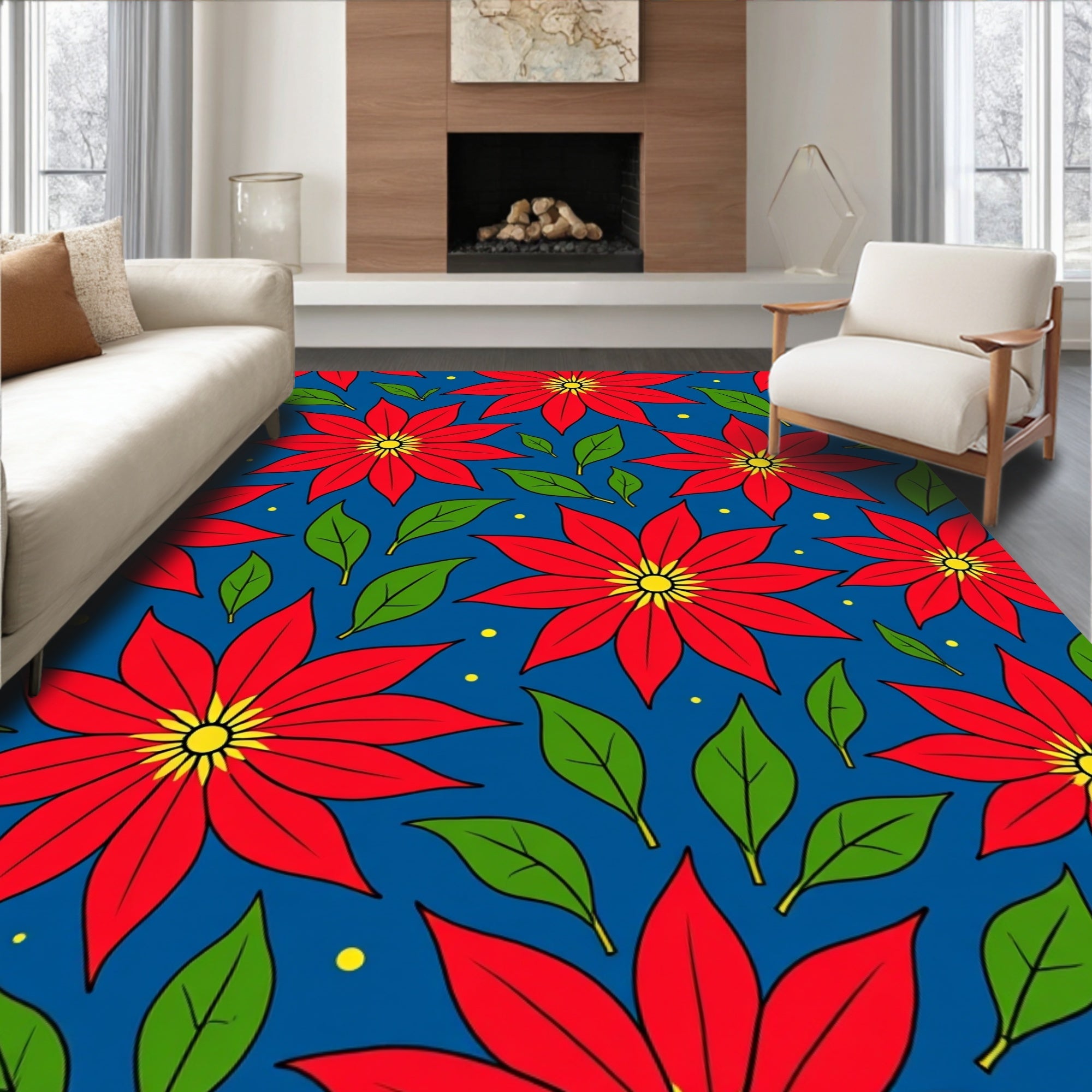 Vibrant Red Floral Garden Blue Rug