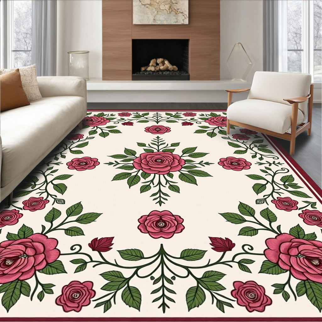 Crimson Rose Vine Border Cream Rug