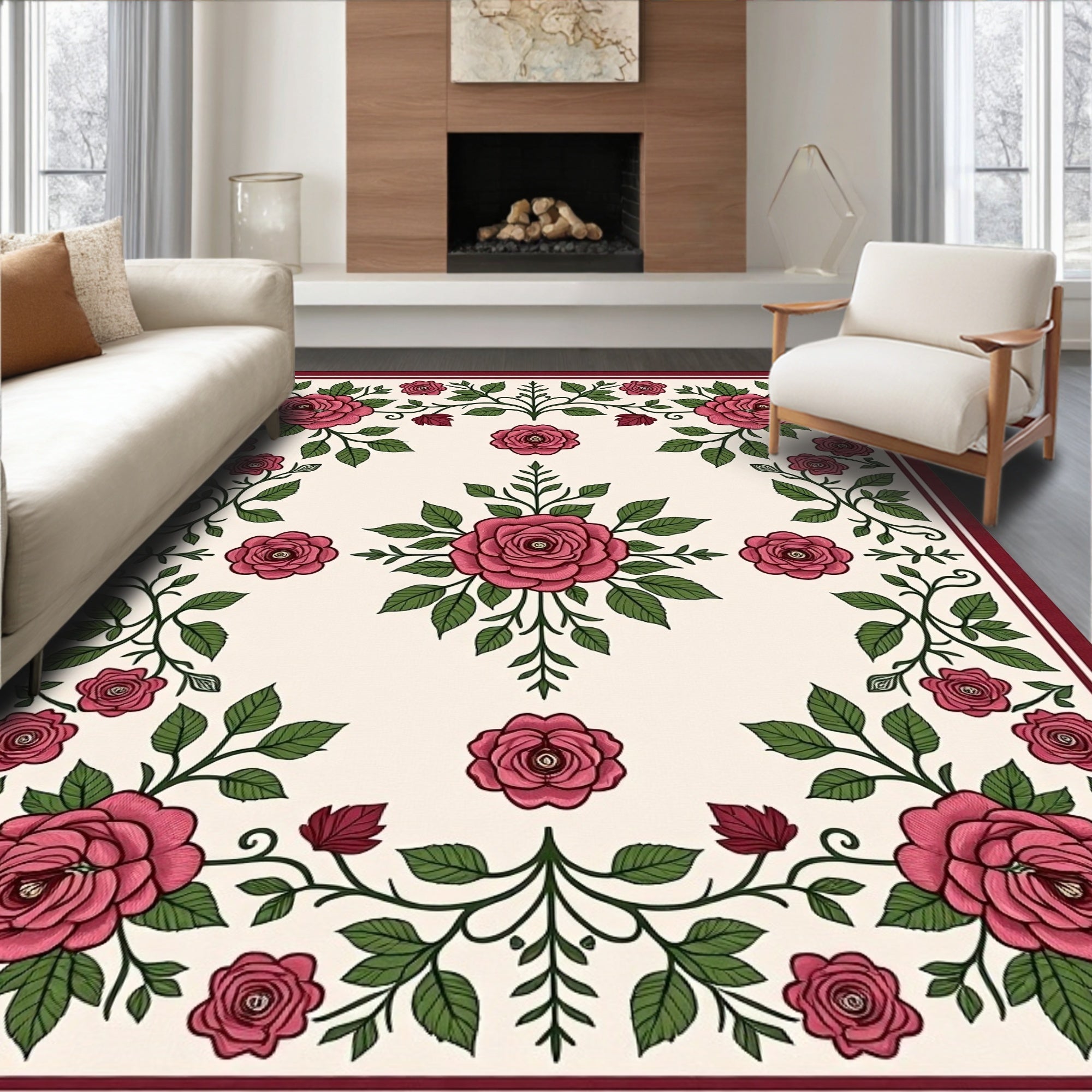 Crimson Rose Vine Border Cream Rug