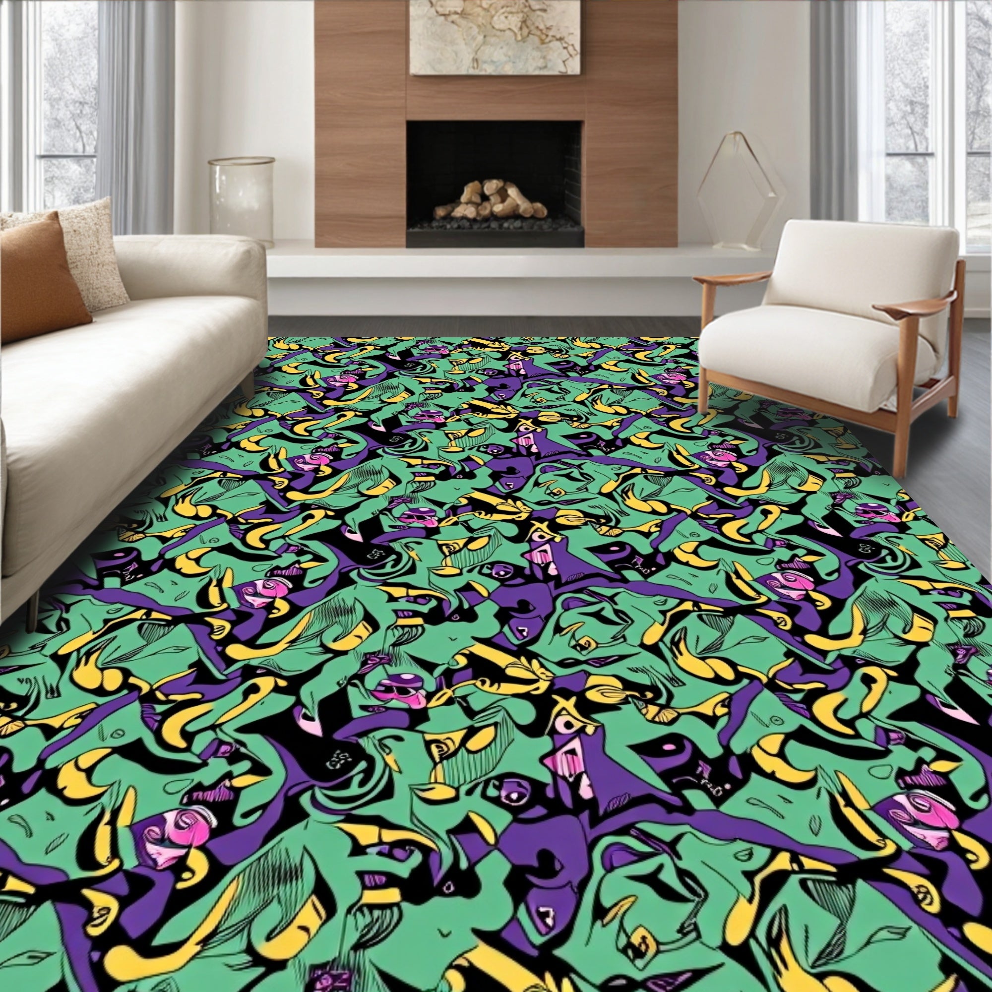 Abstract Green Purple Yellow Swirl Rug
