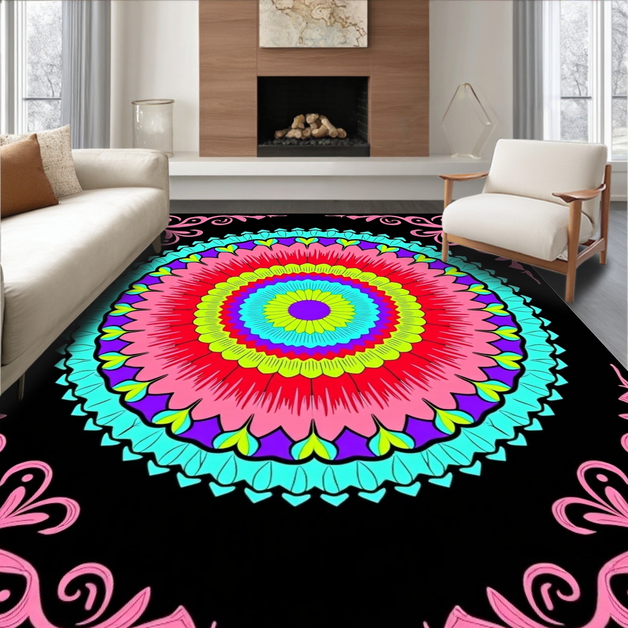 Vivid Rainbow Floral Mandala Corners Rug
