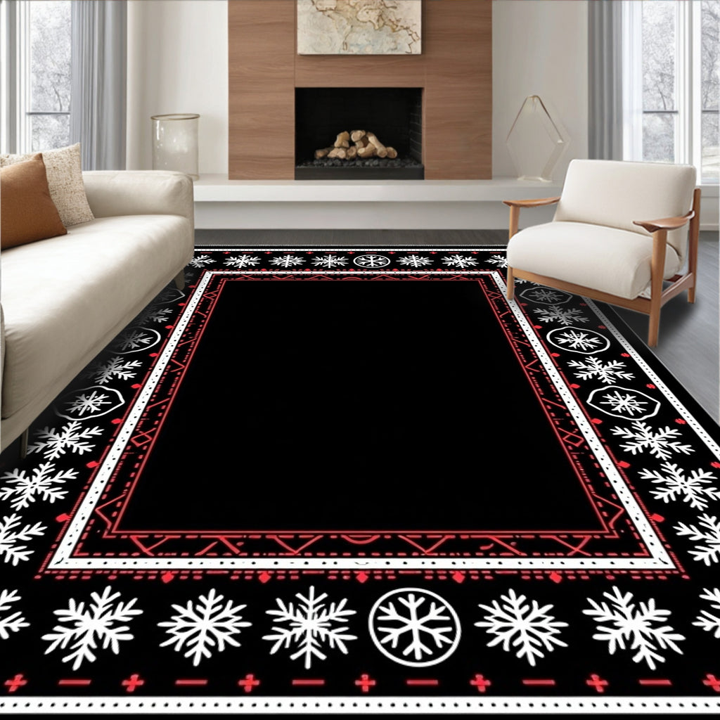 Bold Black Snowflake Geometric Border Rug