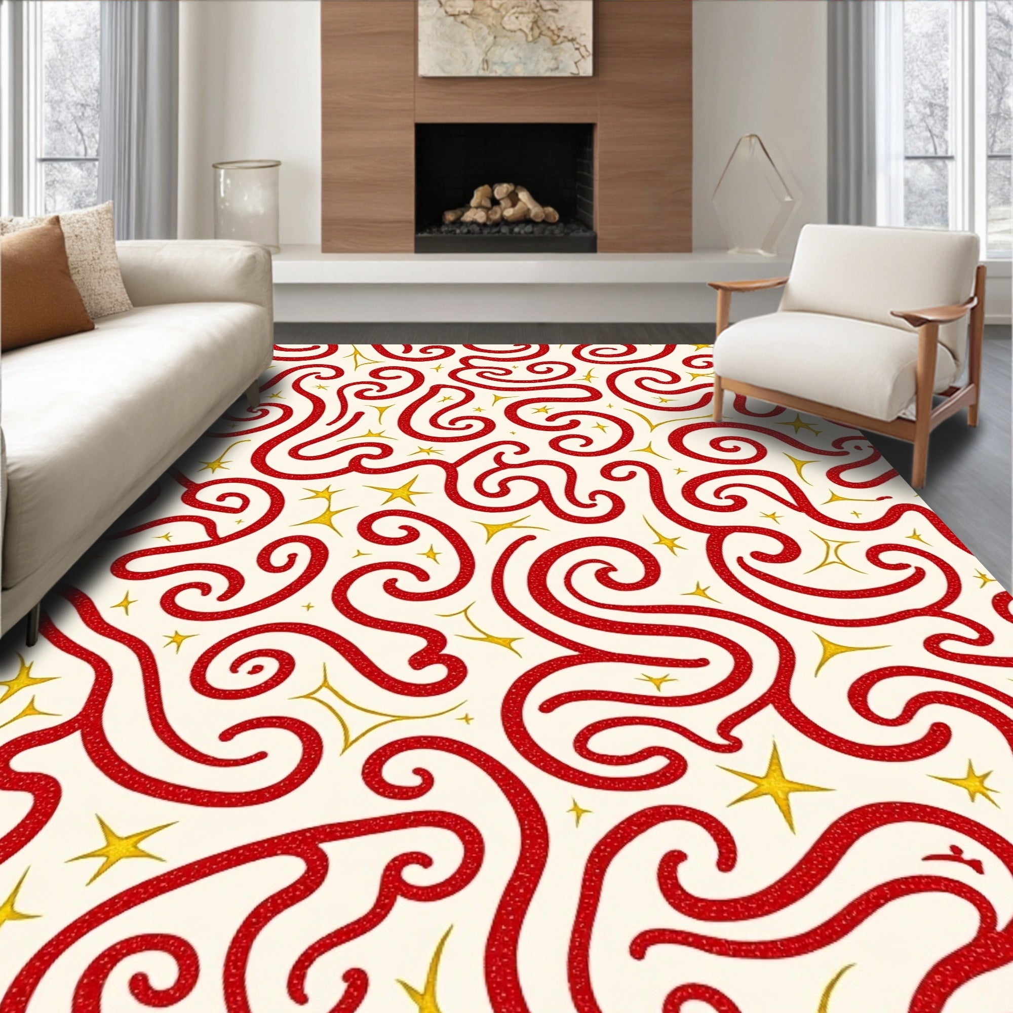 Crimson Swirls with Golden Stars Rug