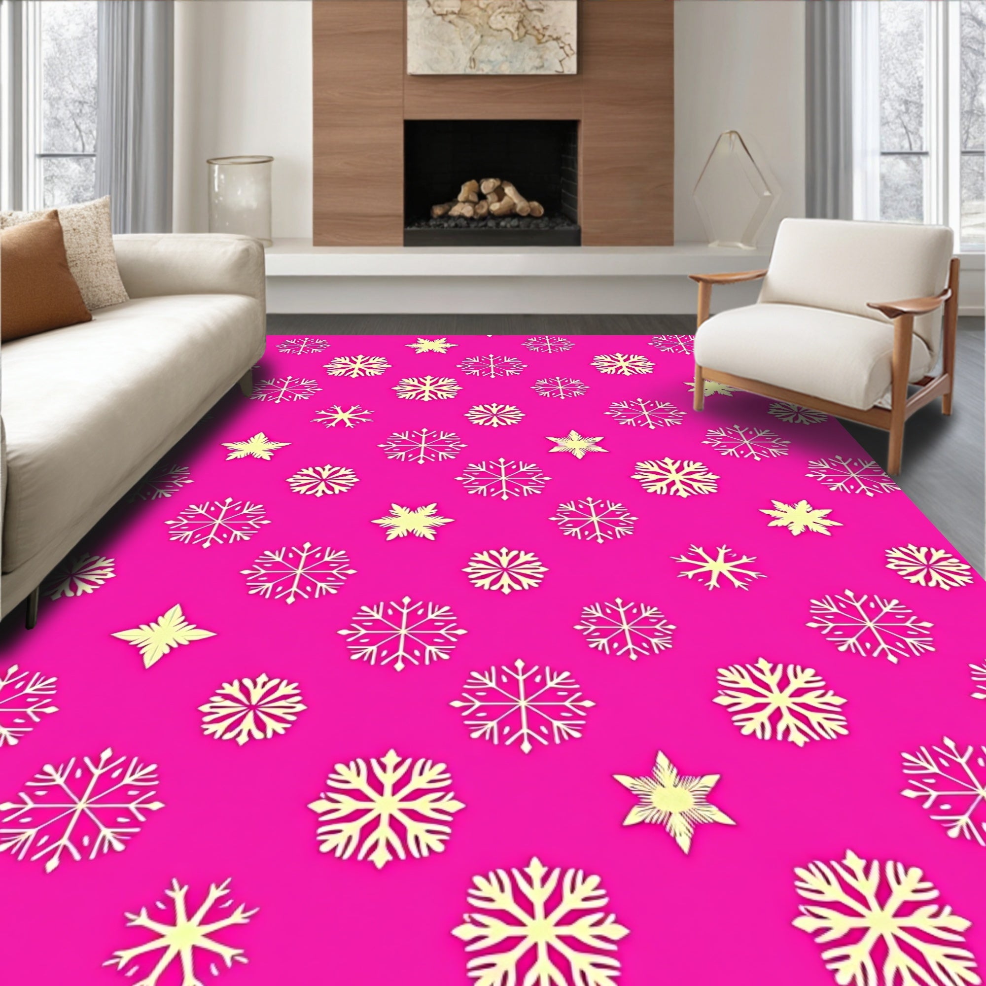 Pink White Snowflake Cluster Rug