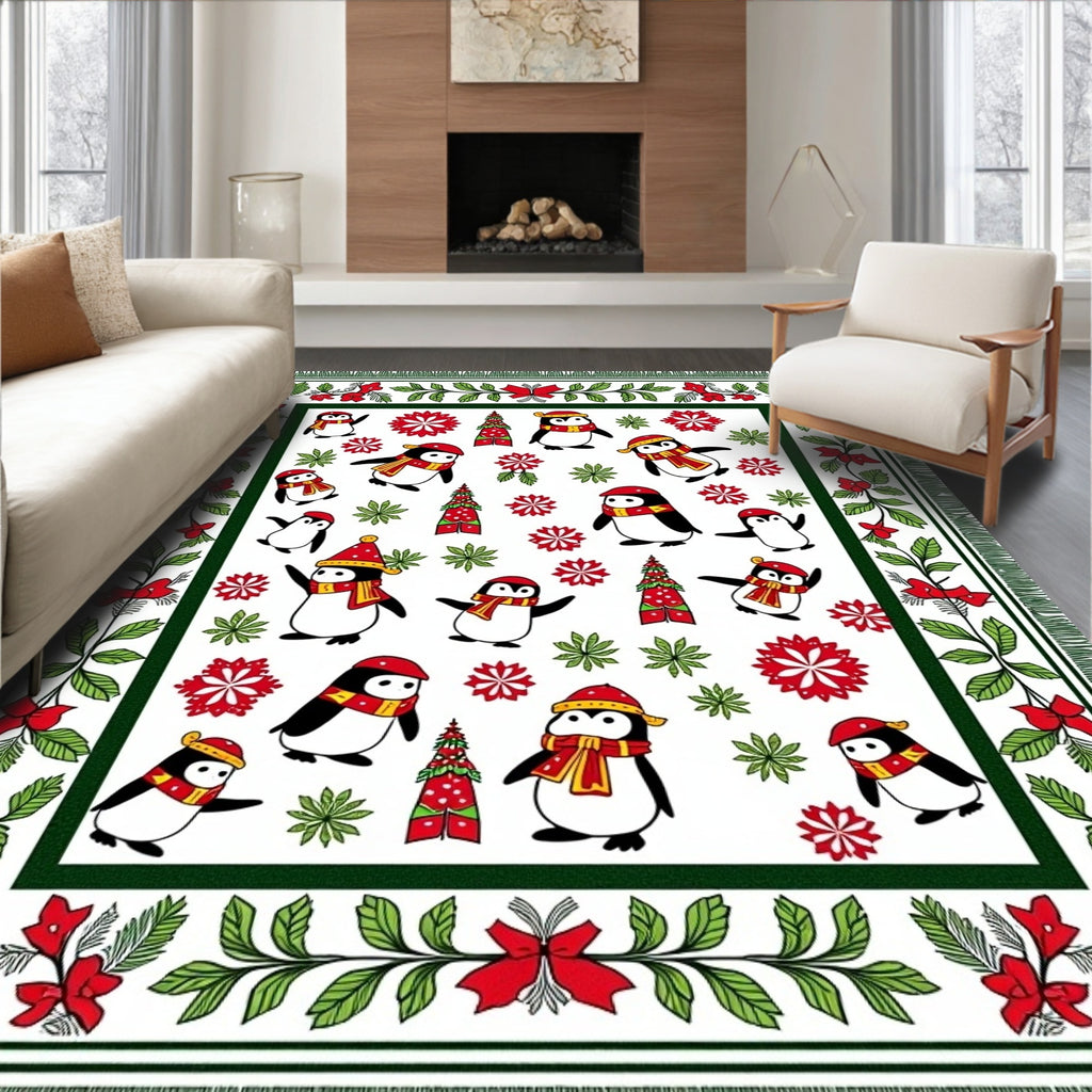 Festive Penguin Garland Christmas Rug