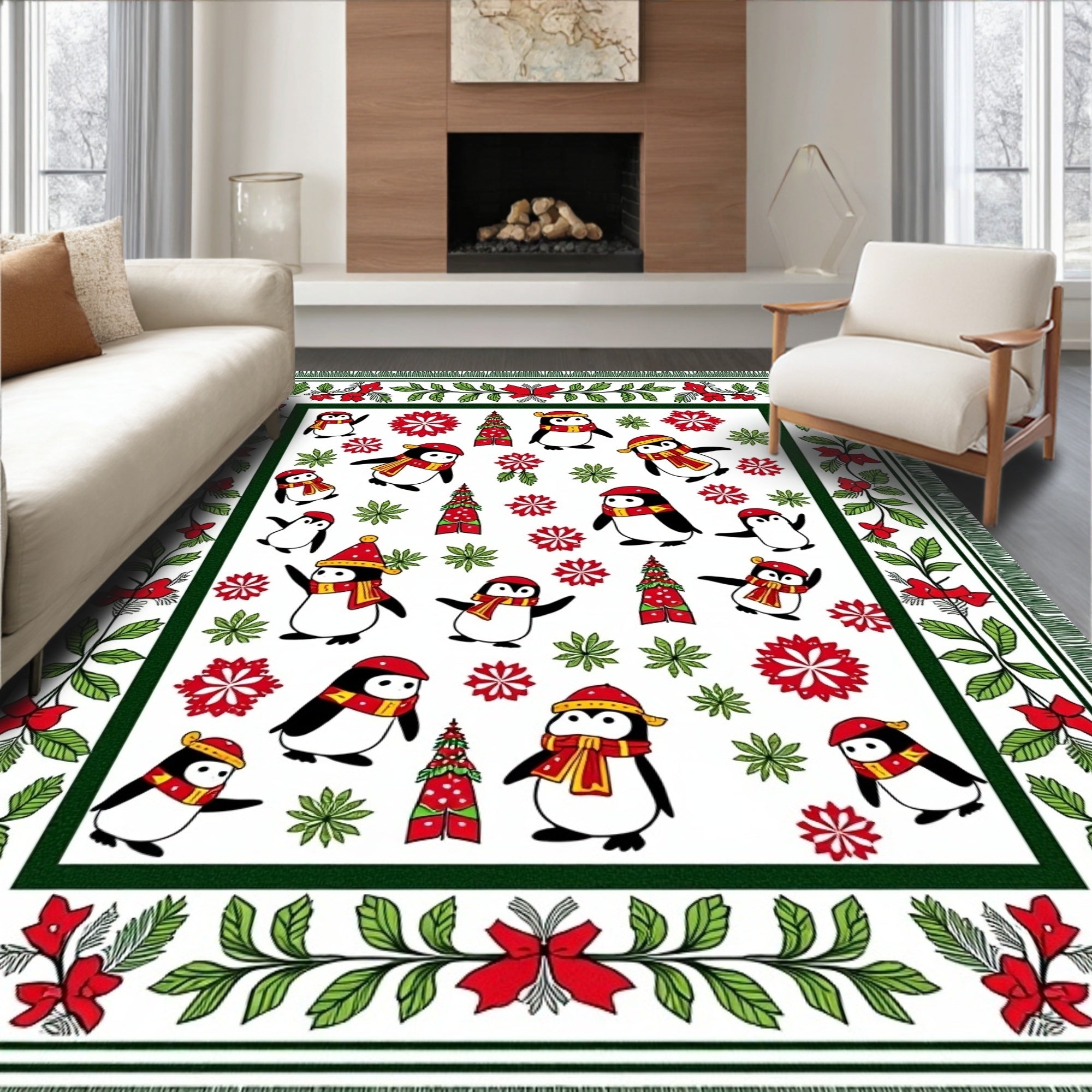 Festive Penguin Garland Christmas Rug