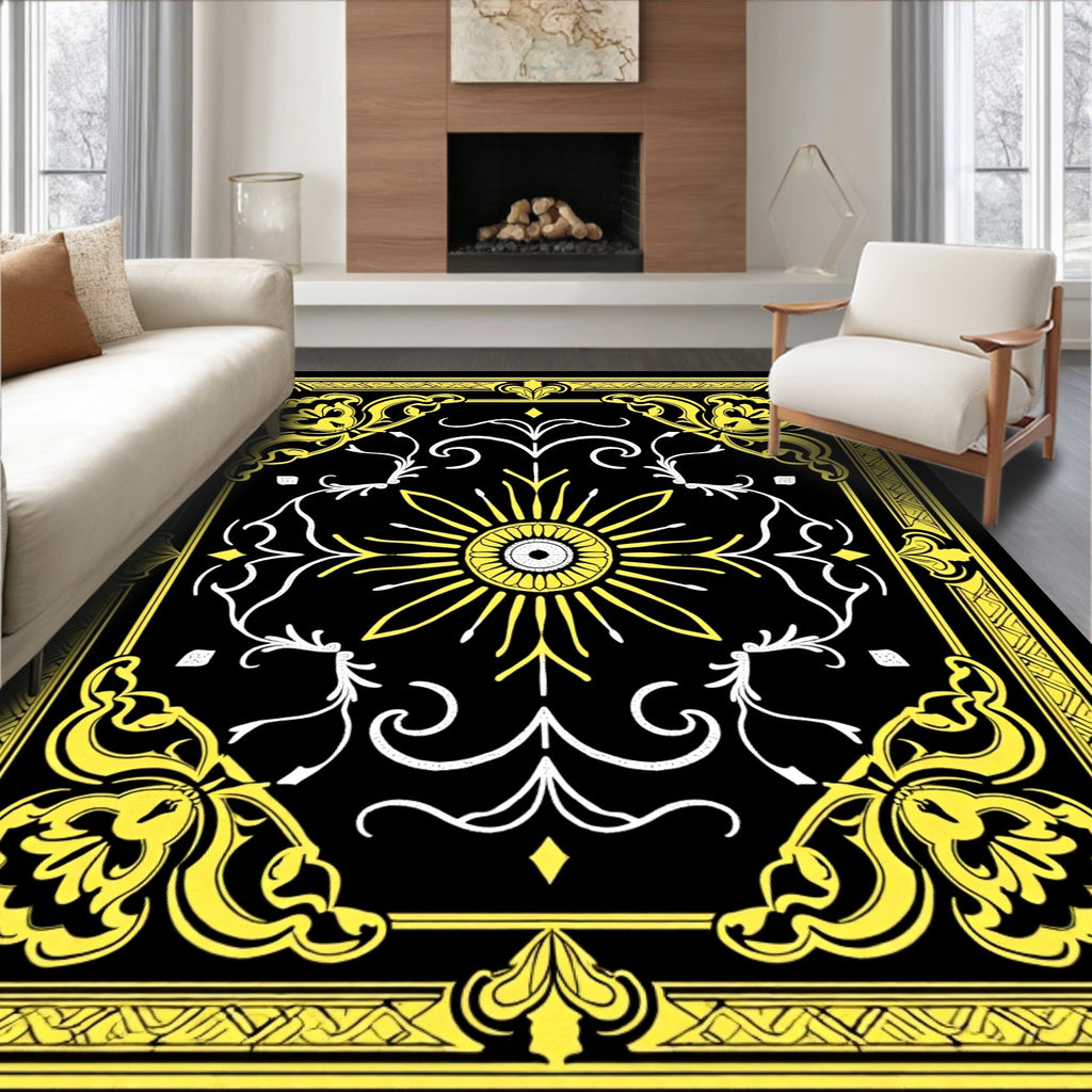 Yellow Black Floral Sunburst Rug