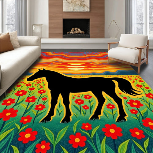 Black Horse Field Red Flowers Sunset Rug