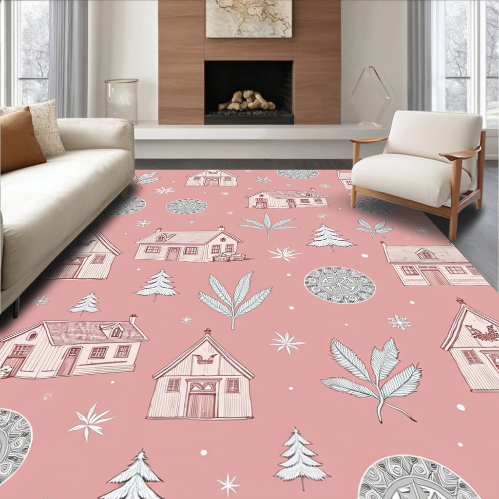 Pink Cottage Winter Village Collection Rug