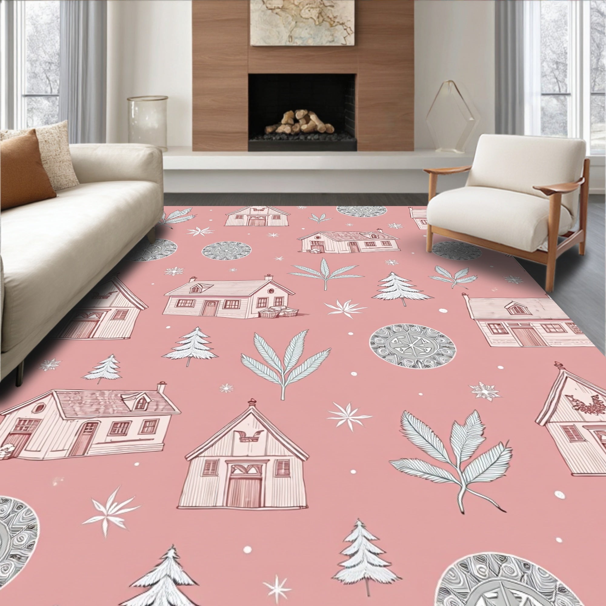 Pink Cottage Winter Village Collection Rug