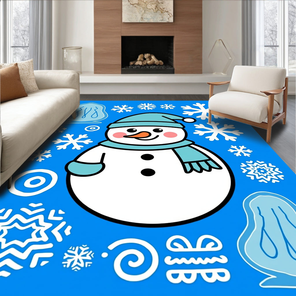 Charming Teal Snowman Snowflake Winter Fun Rug