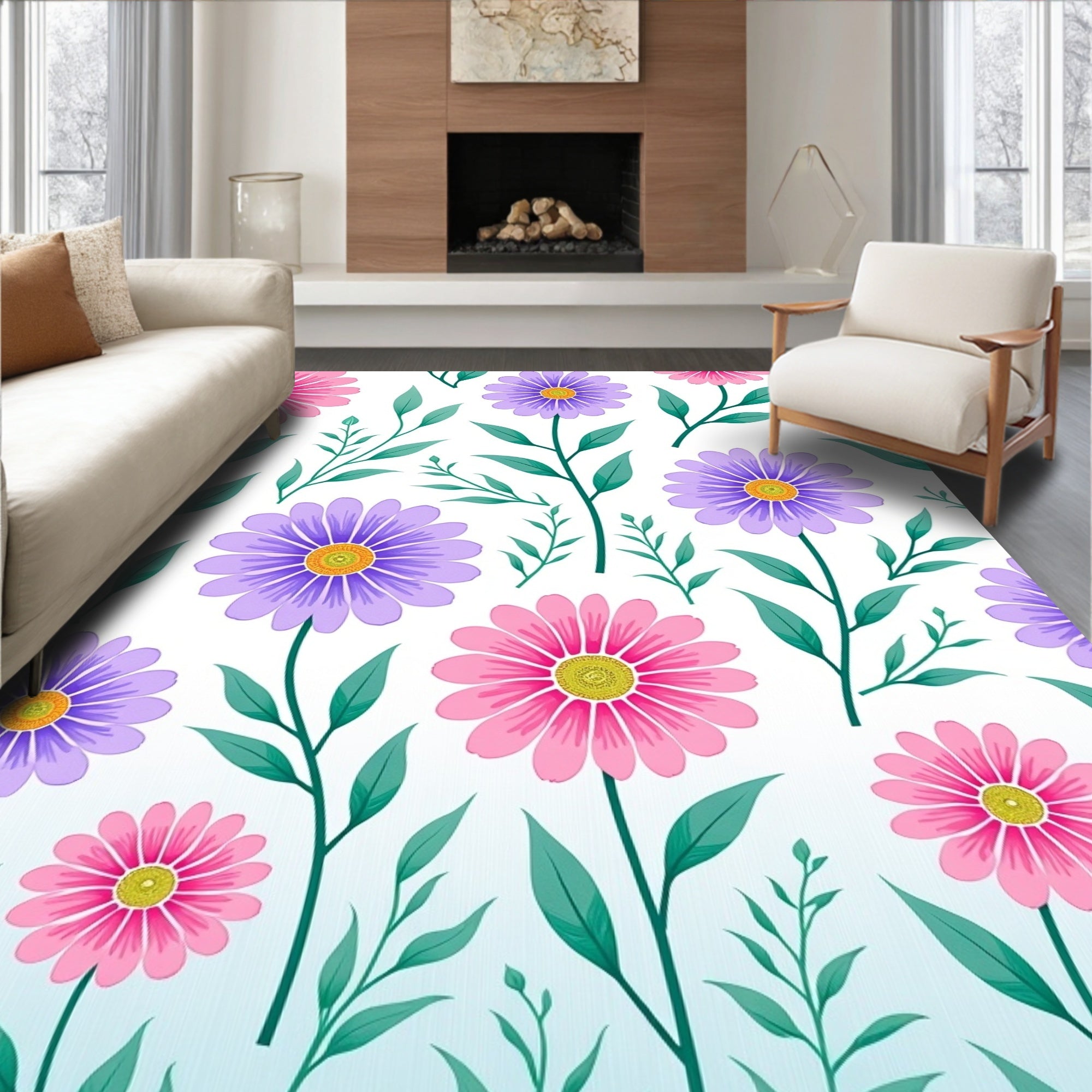 Pink Purple Daisy Garden Floral Rug