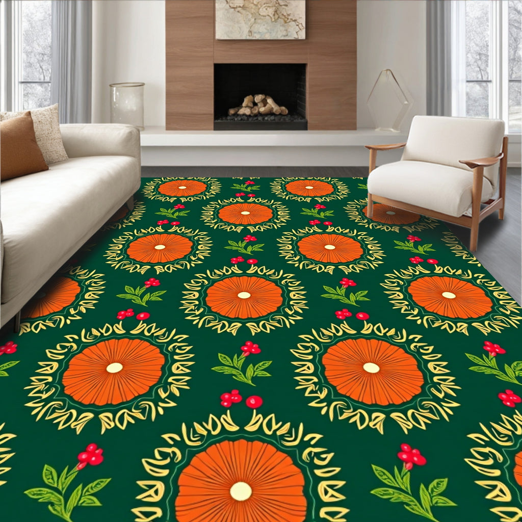 Orange Sunburst Floral Folk Art Rug