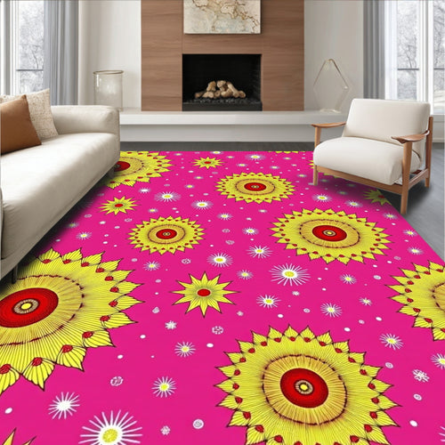 Blazing Sunburst Yellow Red Rounds Rug