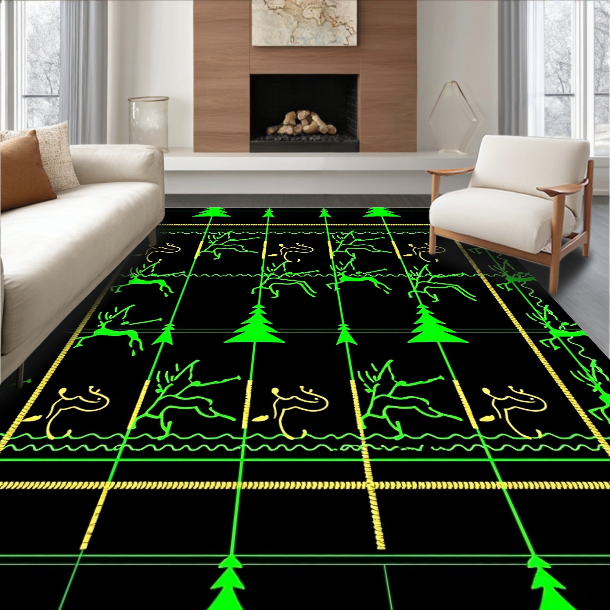 Neon Green Stag Forest Line Art Rug