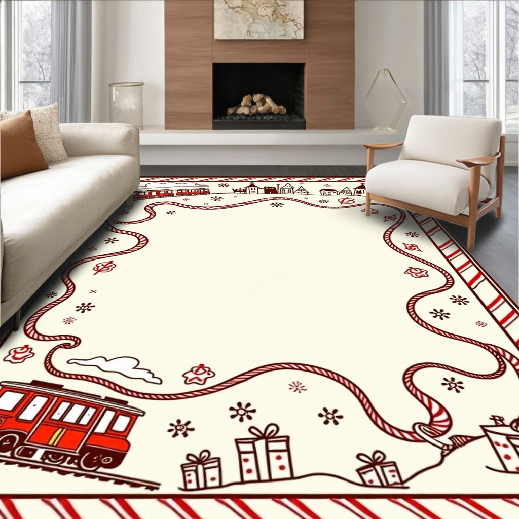 Whimsical Red Train Village Garland Rug